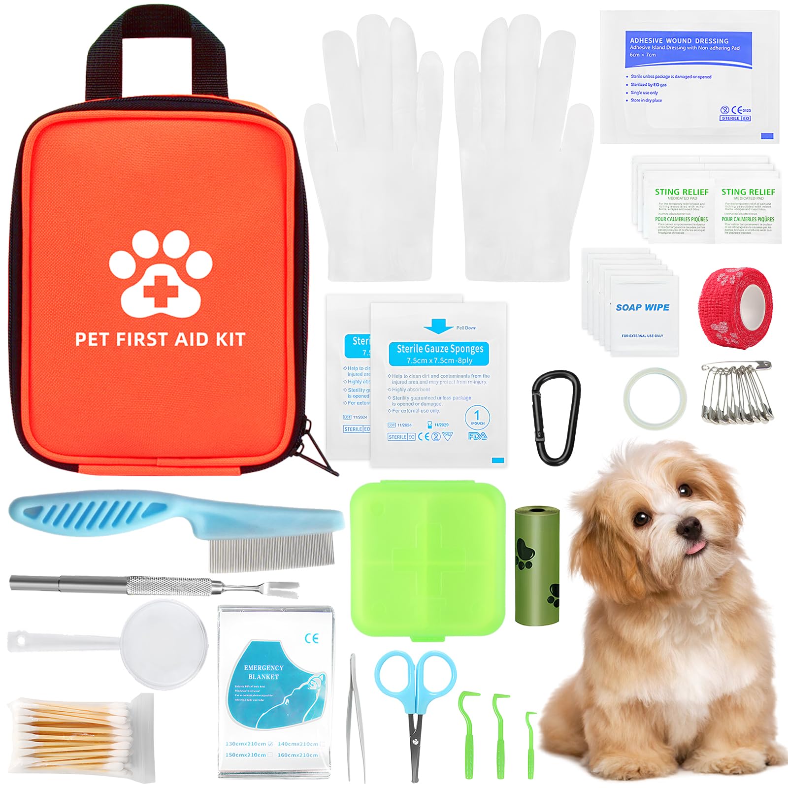 Botiquín de Primeros Auxilios para Perros y Gatos 102 Piezas Kit Primeros Auxilios Mascotas con Pinzas para Garrapatas Pequeño Botiquin Perros para Emergencias en Casa y Viajes al Aire Libre