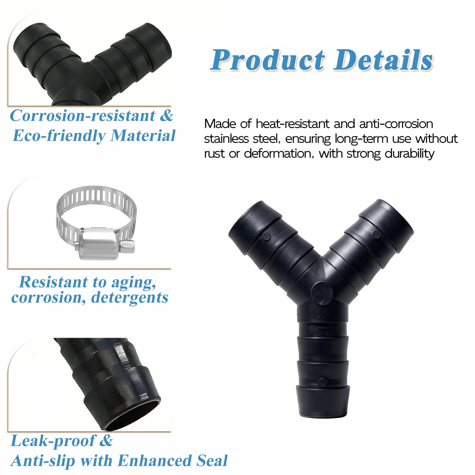 Distribuidor en Y de 2 vías modelo para Mangueras de Desagüe, Y Adaptor Desagüe para Lavadora y Lavavajillas, resistente hasta 120°C, incluye 3 abrazaderas de sujeción seguras — view 3