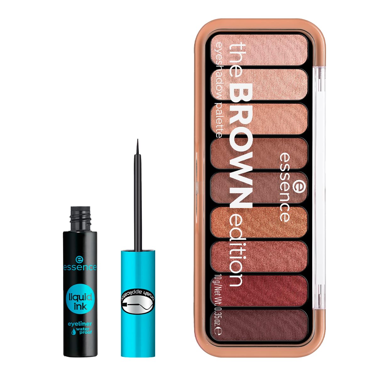 essence - Pack 2 en 1: Paleta de Sombras de Ojos The Brown Edition 10 g + Eyeliner Líquido Waterproof Liquid Ink 3 ml, Maquillaje de Ojos Intenso y de Larga Duración