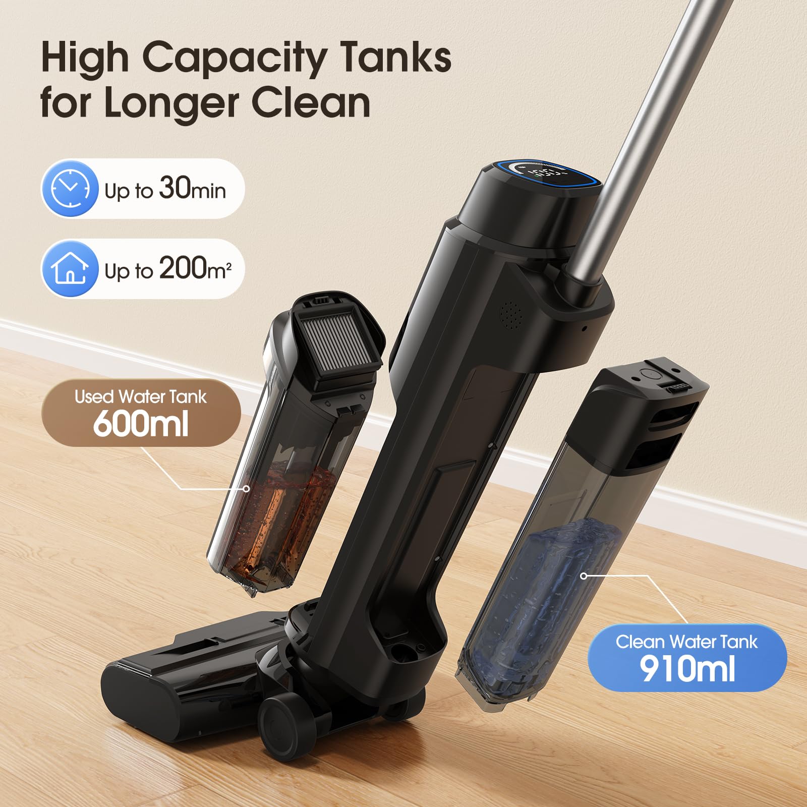 Lubluelu 3-in-1 Cordless Floor Washer, Super Suction, Wet & Dry Dual Use, One-Click Self-Cleaning, HEPA Filtration, Smart Voice Reminder, 6mm Edge Cleaning, Ideal for Home Cleaning,