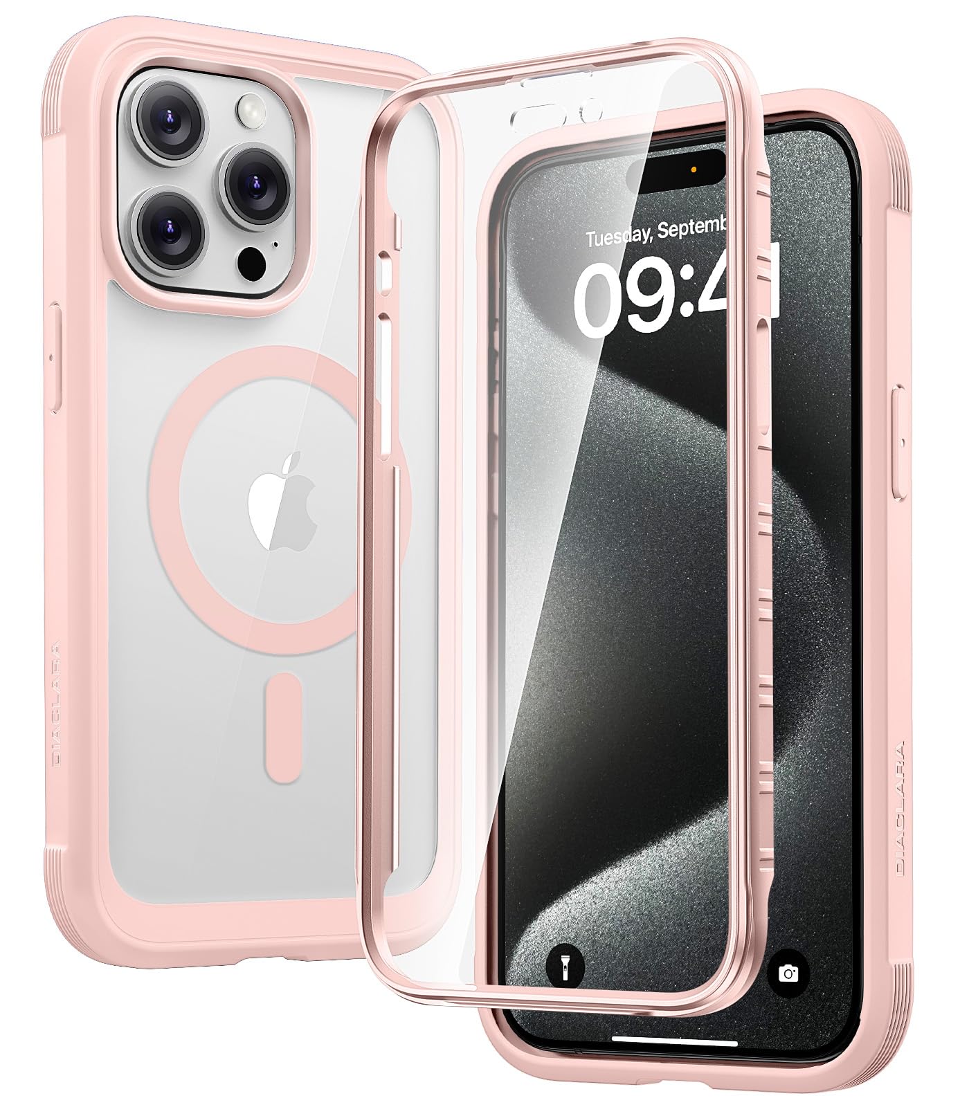 Diaclara Designed for iPhone 15 Pro Max Case, Full Body Rugged with Built-in Touch Sensitive Anti-Scratch Screen Protector, Soft TPU Bumper Case for iPhone 15 ProMax 6.7", Pink