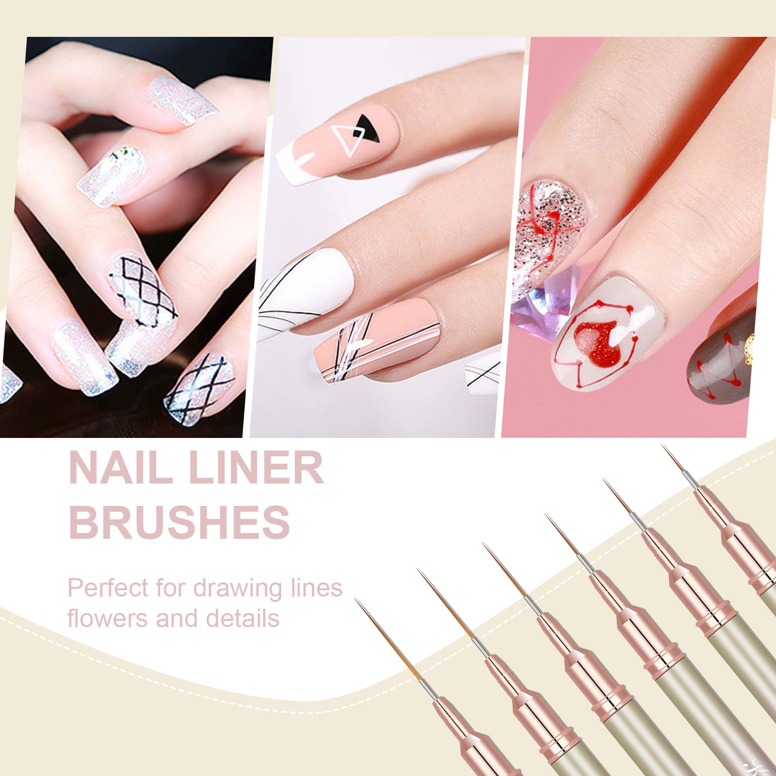 KEMEISI 6Pcs Nail Art Liner Brushes, Striping Nail Art Brush for Gel Polish Painting, Thin Detail Brush Fine Drawing Art Design Pen Size 5/7/9/11/15/25mm