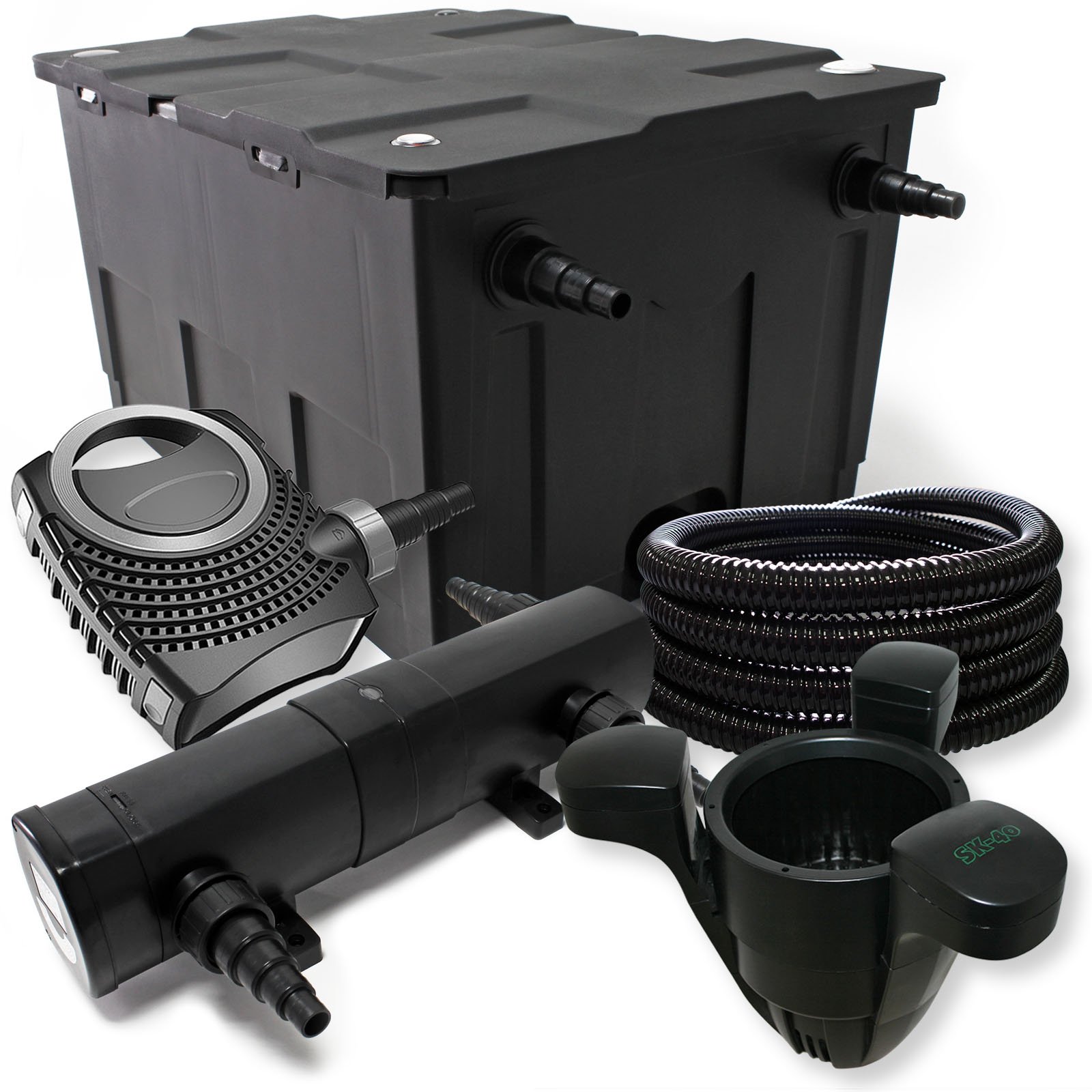 Wiltec CBF-550 Teichfilter bis 60000 L Durchlauffilter NEO10000 Teichpumpe 10000l/h 80W CUV-224 Teichklärer 24W 25m Teichschlauch 25 mm SK-40 Skimmer 3000l/h 60W