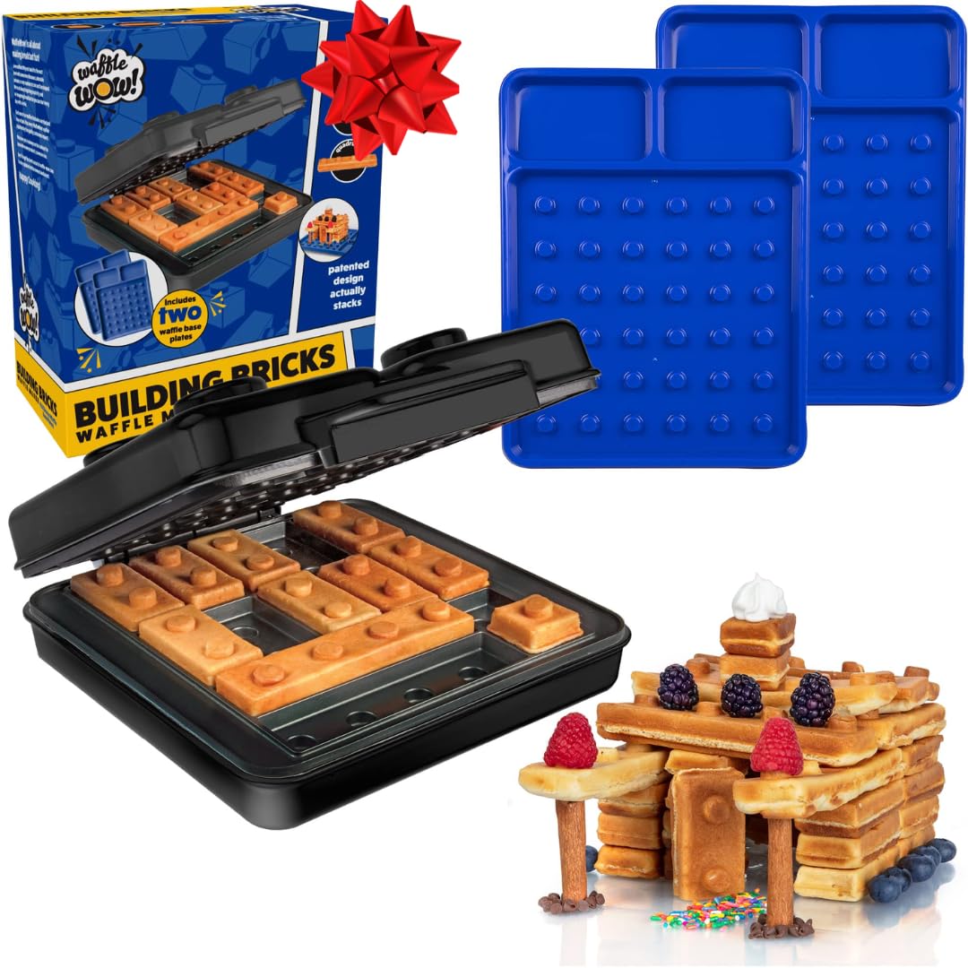 Building Brick Electric Waffle Maker- BLACK with 2 Construction Eating Plates- Cook Fun Buildable Gingerbread Man House Waffles Pancakes- Stack & Build Creations on Serving Dishes, Activity Xmas Gift
