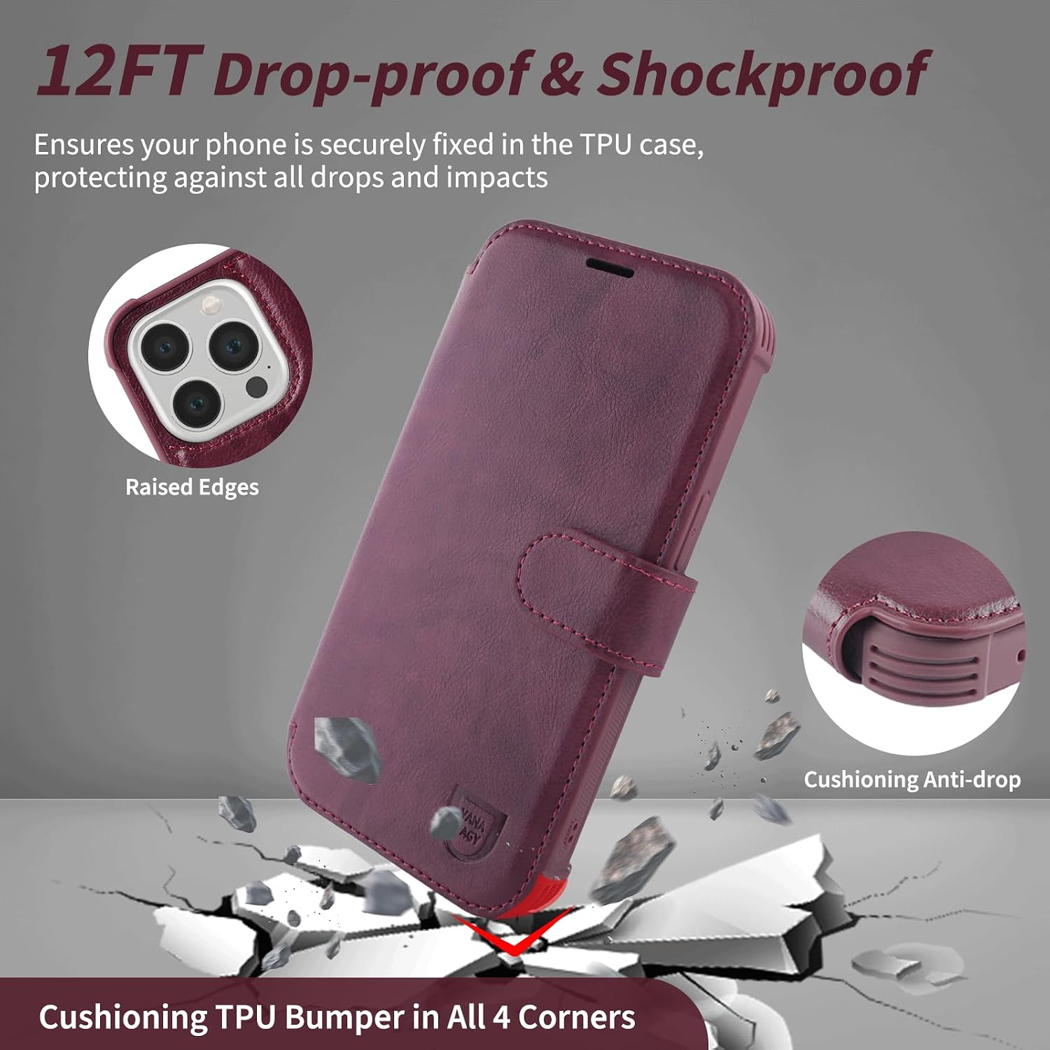 VANAVAGY Compatible for iPhone 13 Pro Wallet Case for Women Men, PU Leather Flip Cover with Wrist Strap for Wireless Charging with RFID Blocking Card Holder Screen Protector,Burgundy