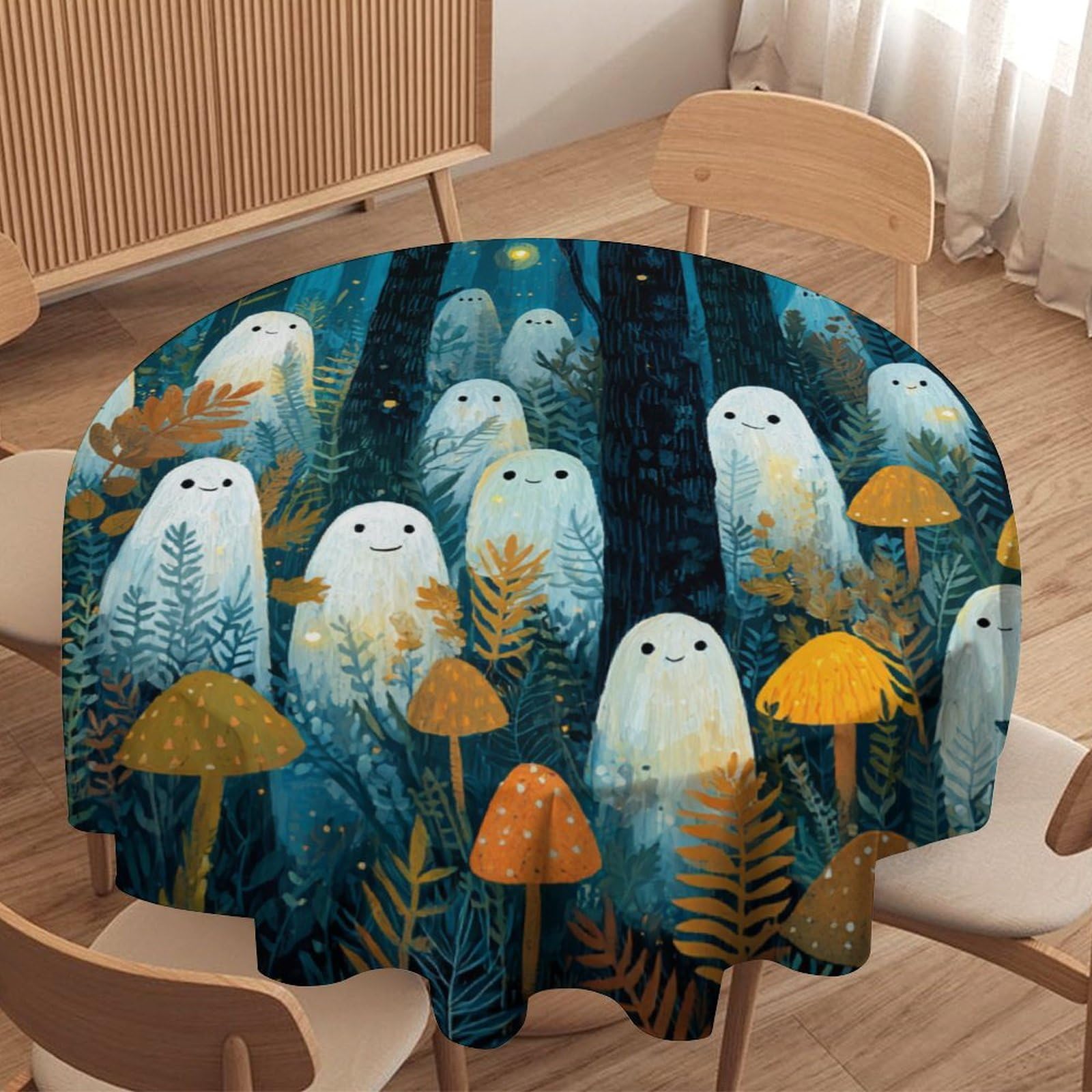 LUYYSKY Rustic Cartoon Cute Ghost Round Tablecloth Fantasy Painting Art Mushroom Forest Ghost Pattern Washable Decor for Table Cover for Kitchen-127 Wx127 L cm
