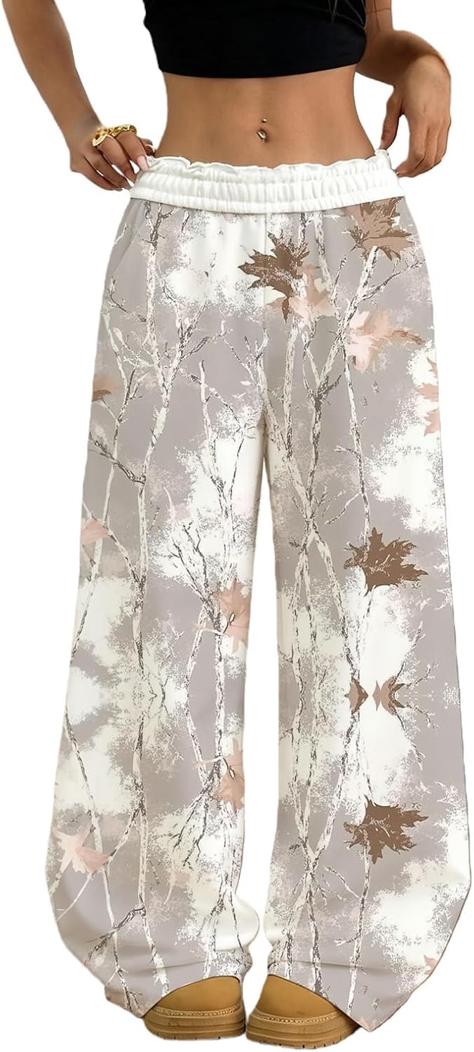 Women's Camo Maple Leaf Print Sweatpants Elastic Waist Baggy Wide Leg Joggers Casual Trousers