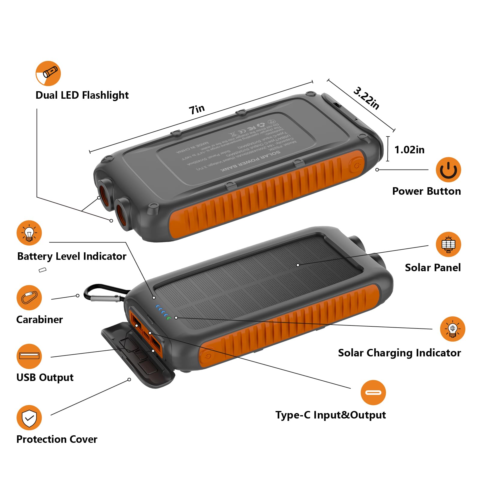 Caricatore solare Power Bank 49800 mAh, caricabatterie solare portatile con 2 porte USB-A e USB-C, ricarica rapida da 15 W per iPhone, Samsung e altri, doppia torcia elettrica per campeggio, viaggi e
