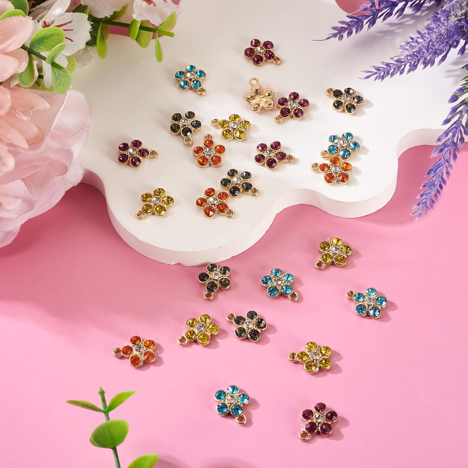 Craftdady 25Pcs Rhinestone Flower Pendants Light Gold Cherry Blossom Charms Alloy Tiny Crystal Flower Charms for DIY Bracelets Necklace, Jewelry Findings Making Accessories (5 Colors) - Image 7