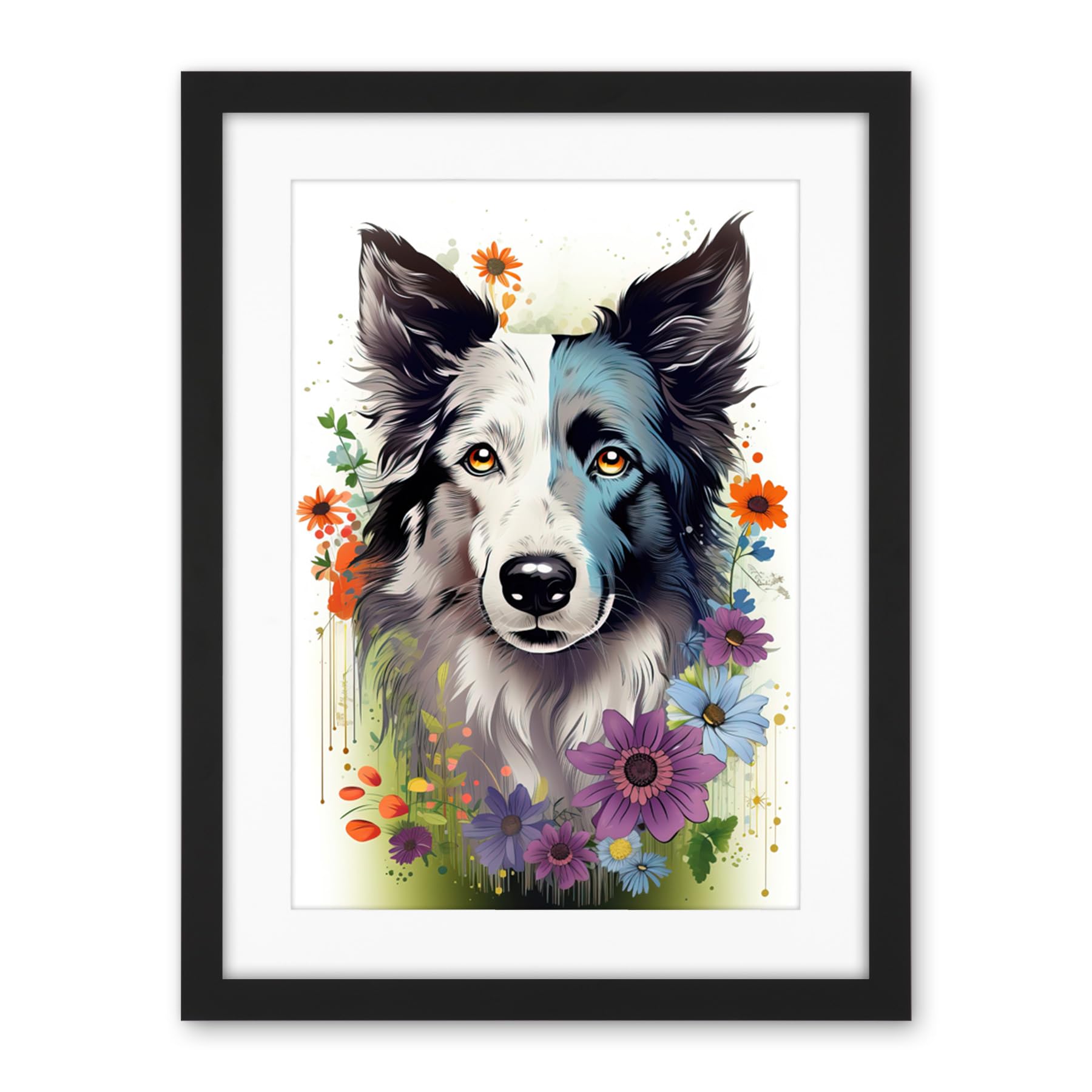 Artery8 Border Collie Dog Pict Scotland Blue Bawsant Face Bright Artwork Portrait with Wildflowers Artwork Framed Wall Art Print 18X24 Inch