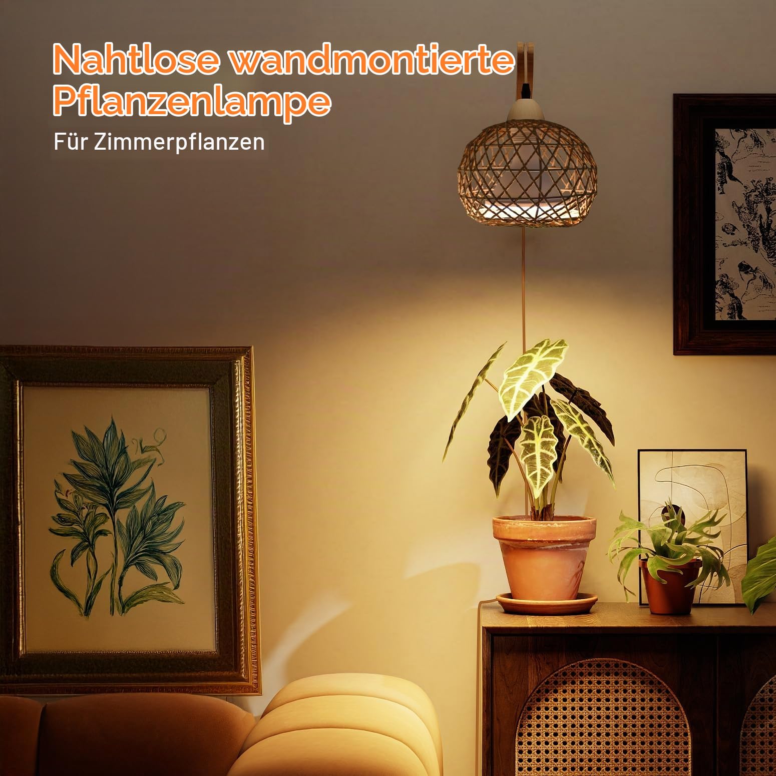 Bstrip Wand-Pflanzenlampe mit Boho-Rattanschirm, 18W, 3800K
