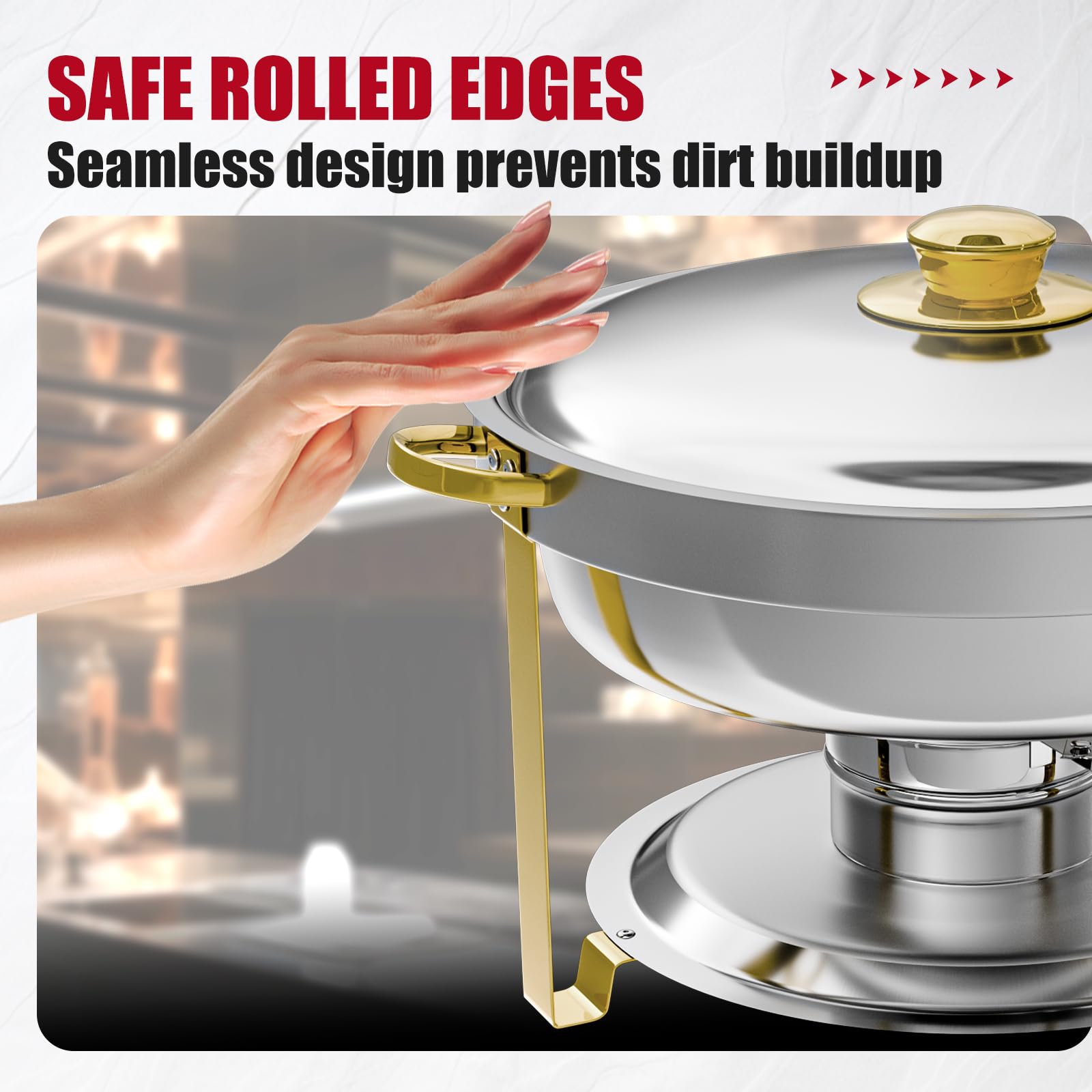 IMACONE Juego de 4 platos de roce redondos de acero inoxidable de 5 cuartos para catering, fogatas mejoradas y calentadores de buffet con bandeja de alimentos y agua, tapa, marco dorado, soporte de