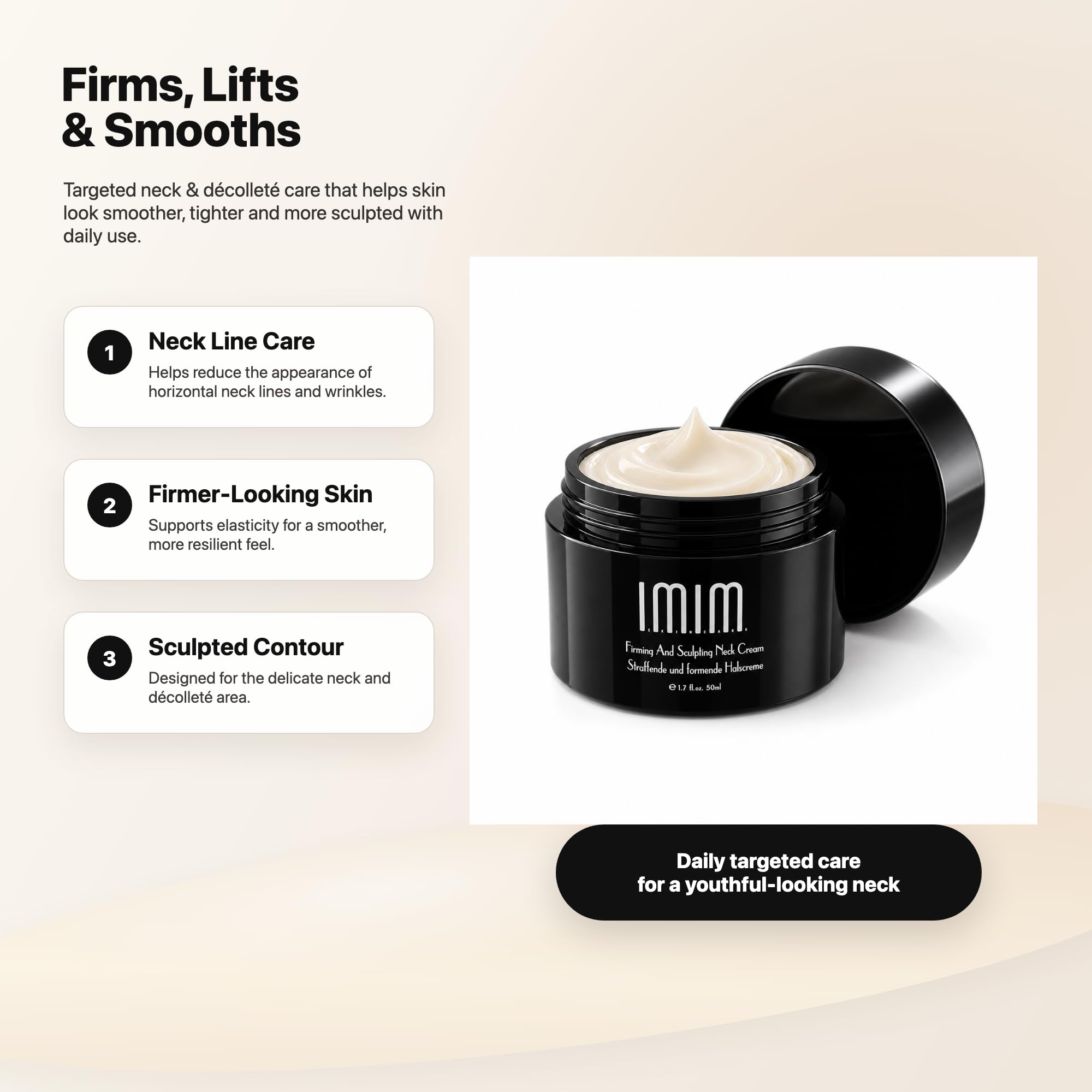 IMIM Crema Collo Rassodante e Modellante 50ml – Crema Antietà Avanzata Effetto Lifting con Tripeptide-1, Pentapeptide-4 e Esapeptide-8 – Idratante Antirughe per Collo e Décolleté