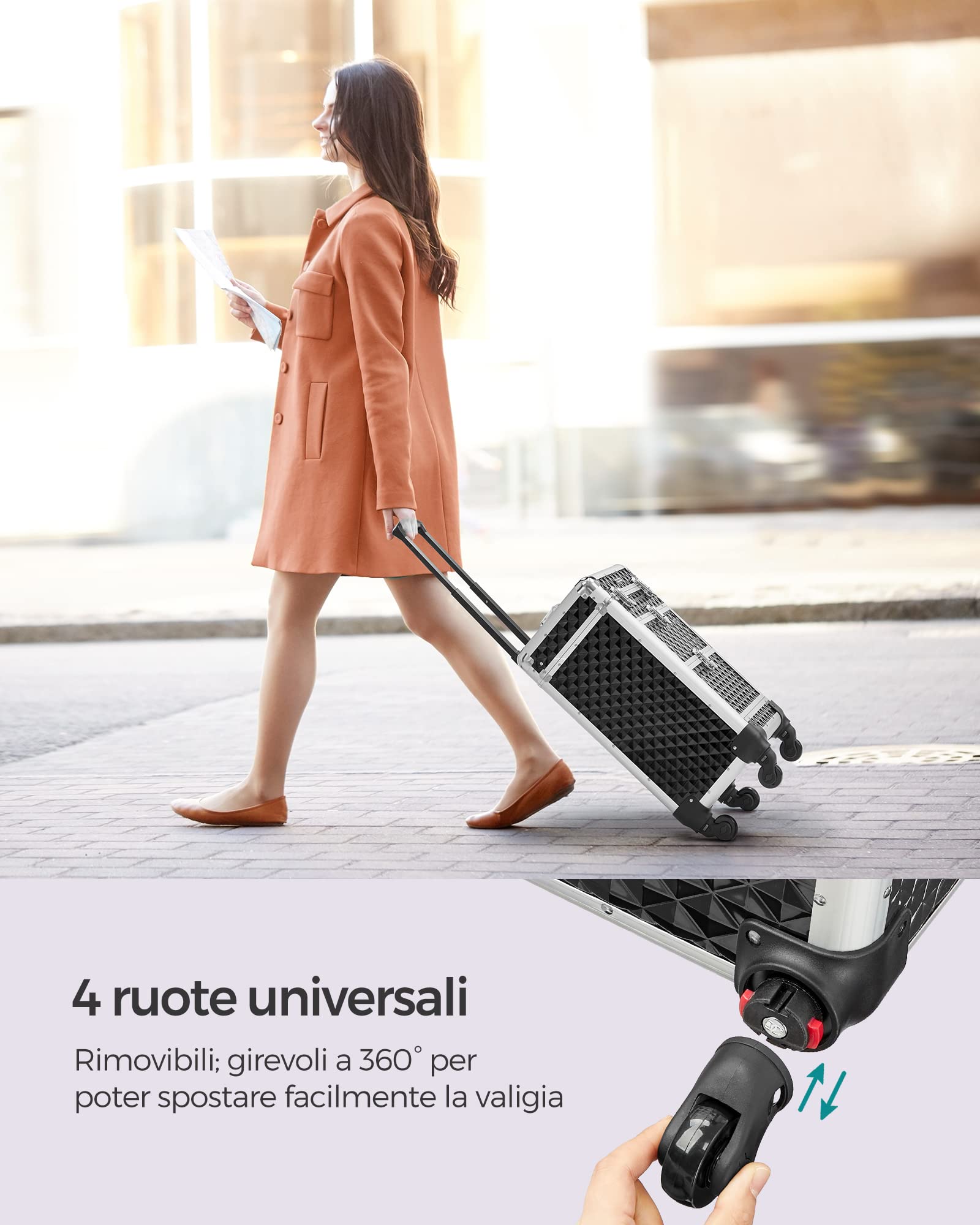 SONGMICS Trolley per cosmetici, Valigia Porta Trucchi, Trolley Make Up, 2 Cassetti, Grande, Ruote Girevoli a 360°, Beauty Case da Viaggio, per Truccatori, Idea Regalo