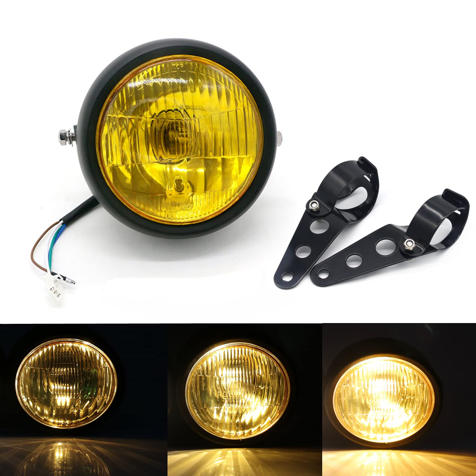 6.29" Motorcycle Headlight Assembly with Mounting Brackets, 35W Retro Round Universal Halogen Front Headlamp Fog Lights for Cafe Racer Bobber CG125 GN125 (Yellow)