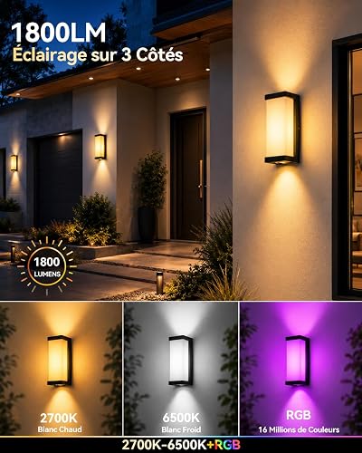 Meevt Smart Outdoor Wall Lights, 1800LM RGBCW Updown Porch Lights, IP65 Waterproof Exterior Lighting, Work with Alexa & Google Assistant, App & Remote Control Wall Lights for Patio, Garage, 1 Pack - 2