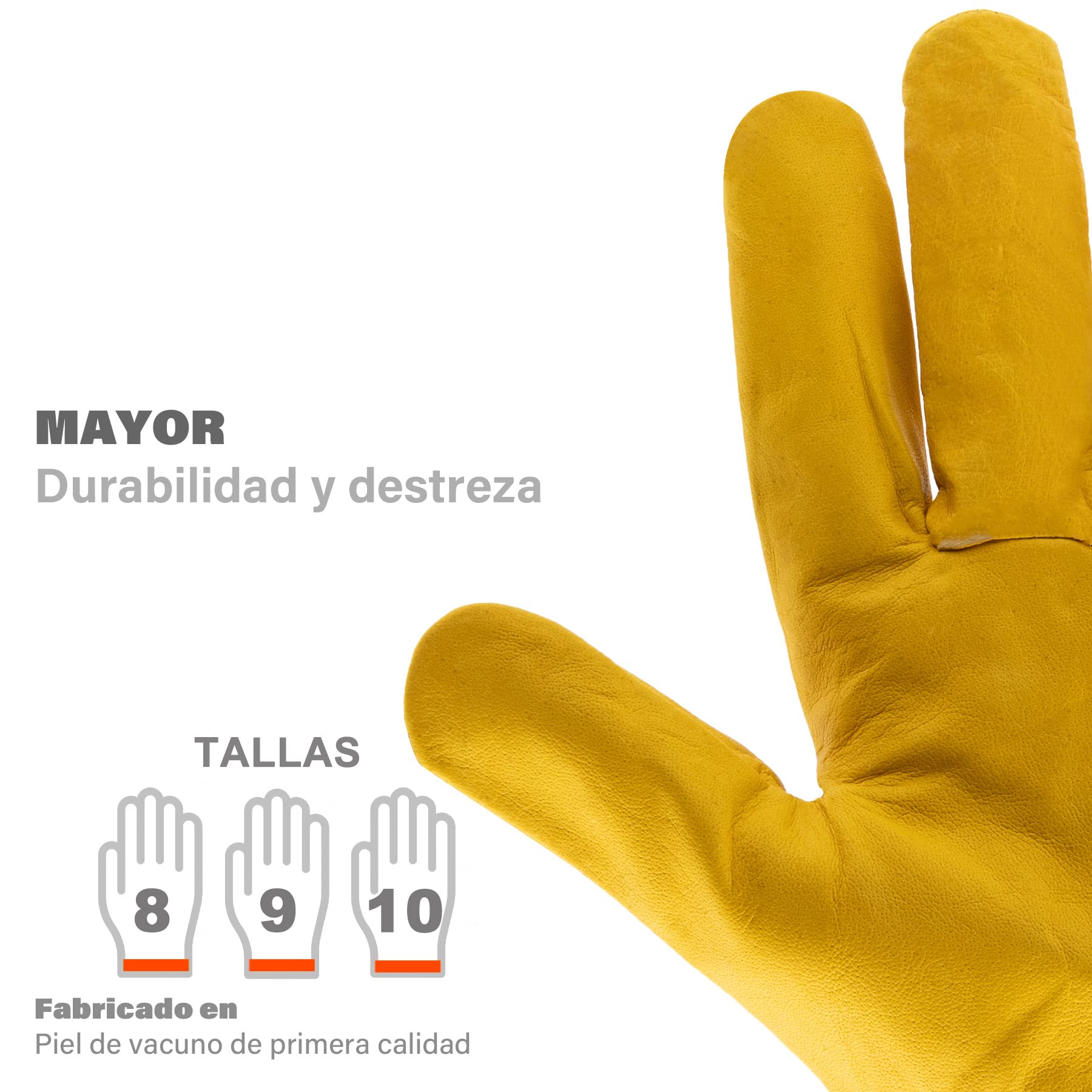 Guantes de Trabajo de Piel Flor de Vacuno Amarillos, Guantes de Protección para Jardinería, Soldadura, Construcción, Guantes de Cuero Antidesgarros, Abrasión, Guantes de Protección CAT 2