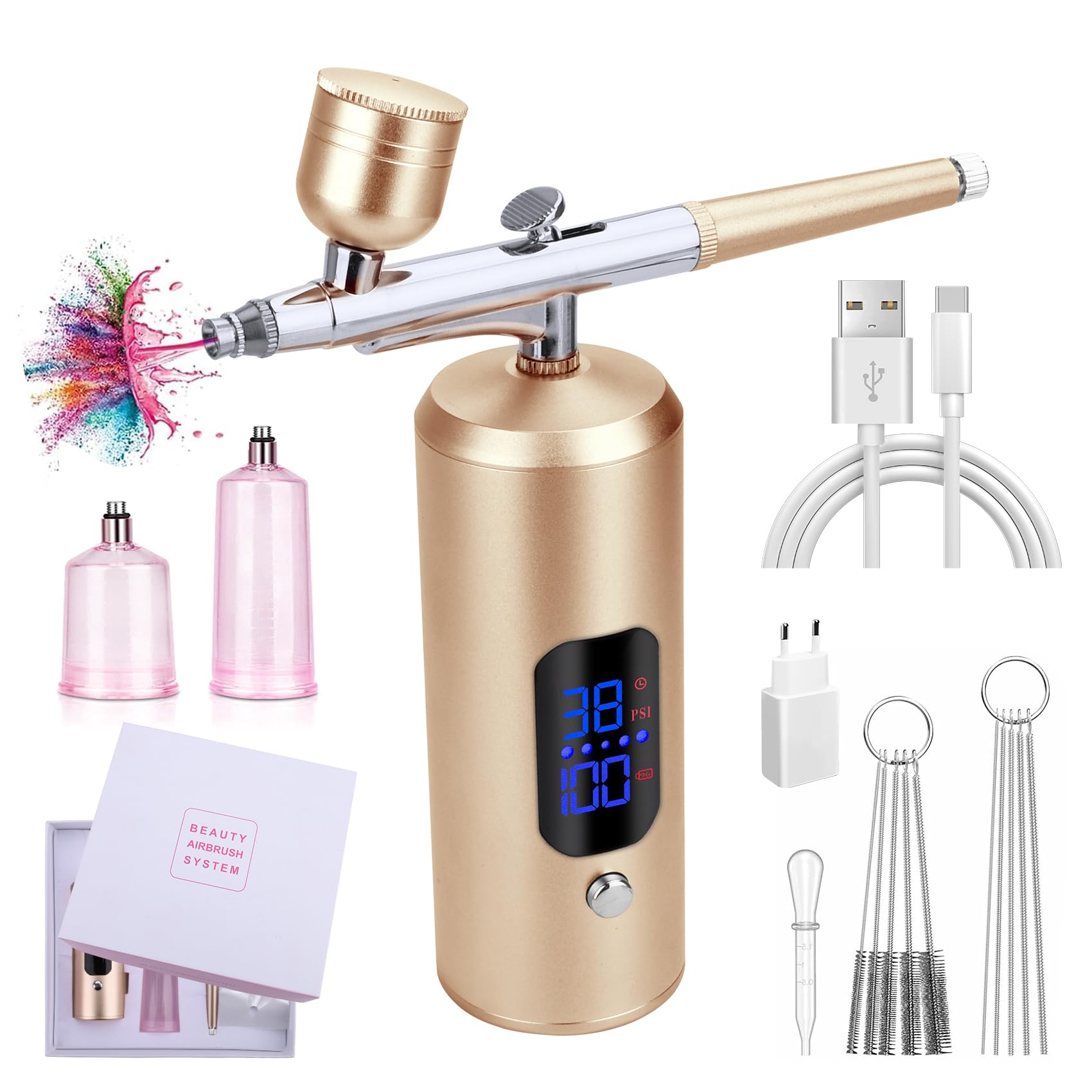 Daakro Set aerografo, pistola a spruzzo con compressore 38 PSI senza fili, mini aerografo cosmetico ricaricabile, decorazione per torta