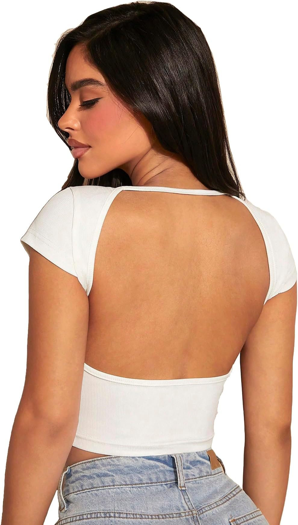 Royal Solid Slim Fit Tee Backless Western Stylish Short Sleeve Ribbed Crop Top for Women's & Girls