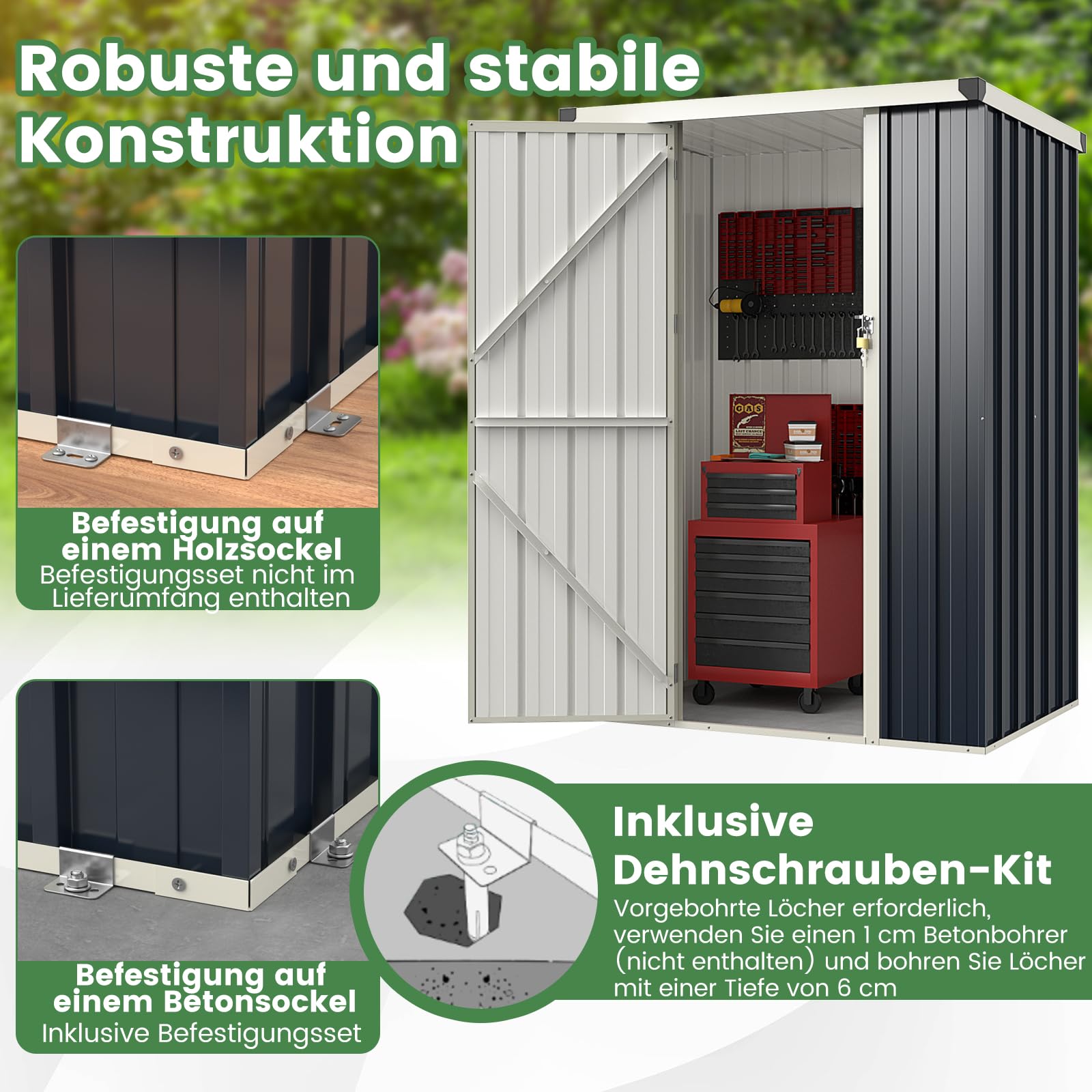 COSTWAY Gartenhaus Metall, Geräteschuppen mit Pultdach & abschließbarer Tür & Schloss, 117 x 89 x 162 cm Garten Schuppen Outdoor, Gerätehaus wetterfest für Garten, Rasen, Grau