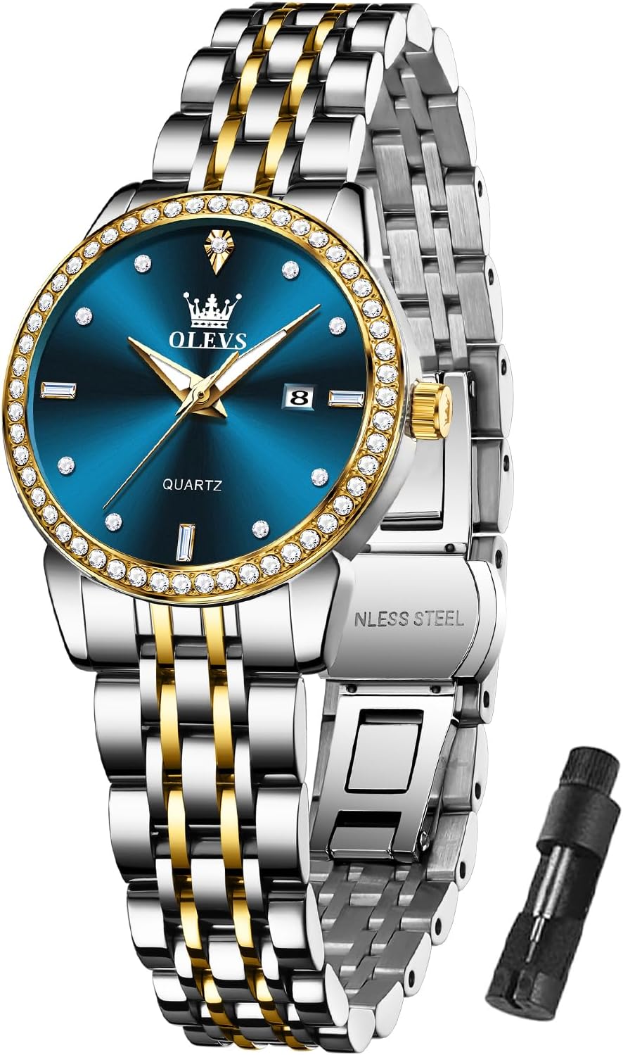 OLEVS Gold Watch for Women Waterproof Small Dial Ladies Watches Stainless Steel Analog Womens Wrists Watches Fashion Luxury Dress Diamond Watches for Women (Gold/Blue/Slive) Dial Gift for Women