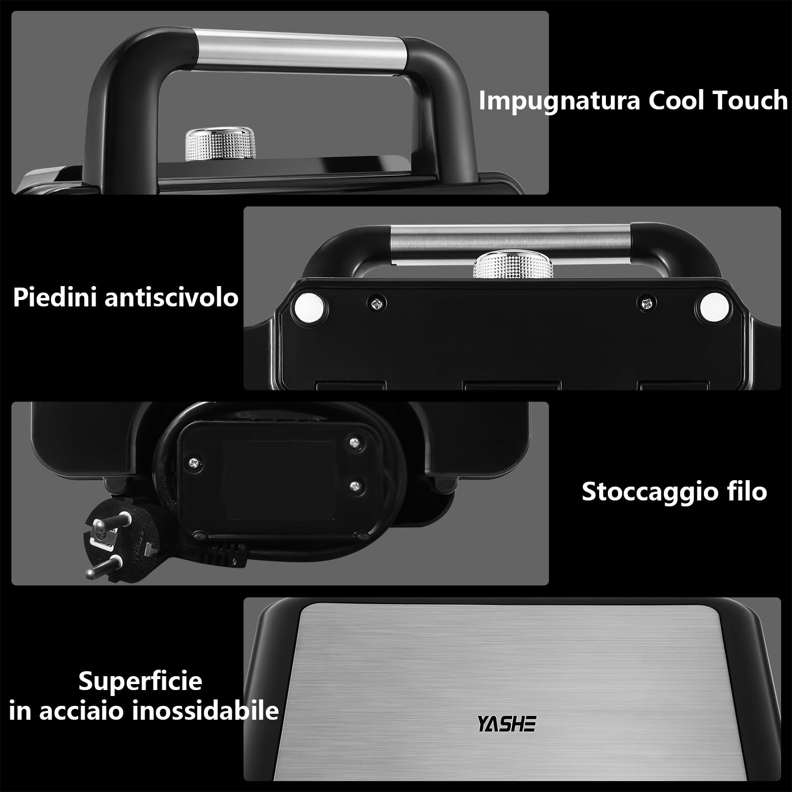 YASHE Piastra per Waffle, Macchina per Waffle Quadrata 4 Fette, 5 Manopole di Doratura, Luci Indicatori, Antisversamento, Rivestimento Antiaderente, 1200W, Argento/Nero