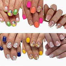 6 Packs 144 Pcs Flower Press on Nails Short Square Fake Nails Floral False Nails with Designs Spring Summer Glue on Nails Full Cover Glossy Acrylic Stick on Nail for Women Girls Manicure