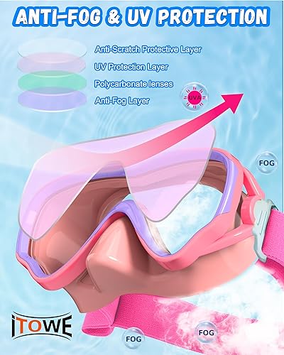 Miniatura 5 de Gafas de natación para niños con correa de tela para niños de 3 a 15 años, a prueba de fugas, cubierta de nariz de 180, visión clara