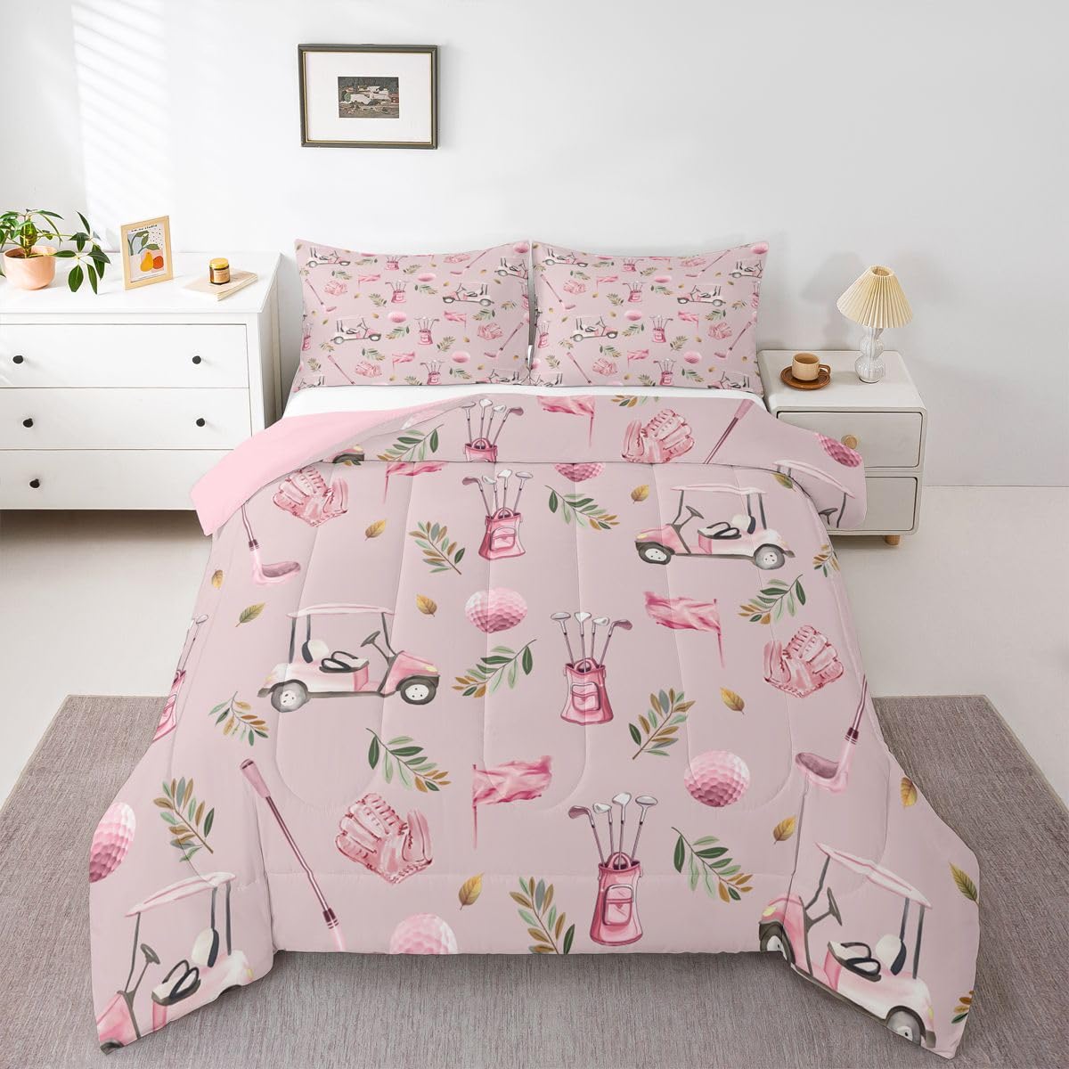 Feelyou Pink Golf Comforter Set Twin Size Leaves Bedding Set for Kids Boys Girls Sports Golfing Theme Duvet Quilt Bedroom Decor Microfiber 2 Pcs with 1 Pillow Cases