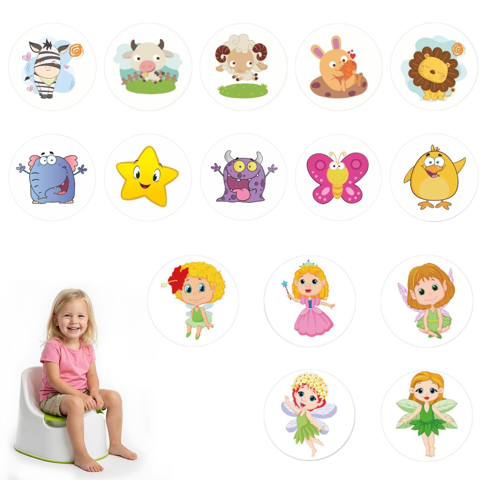 15 Pcs Potty Training Stickers Color Changing Reusable Pee Targets with Dinosaur Animal Designs for Boys Girls Toilet Training (Fairies and Animals, Style 2)