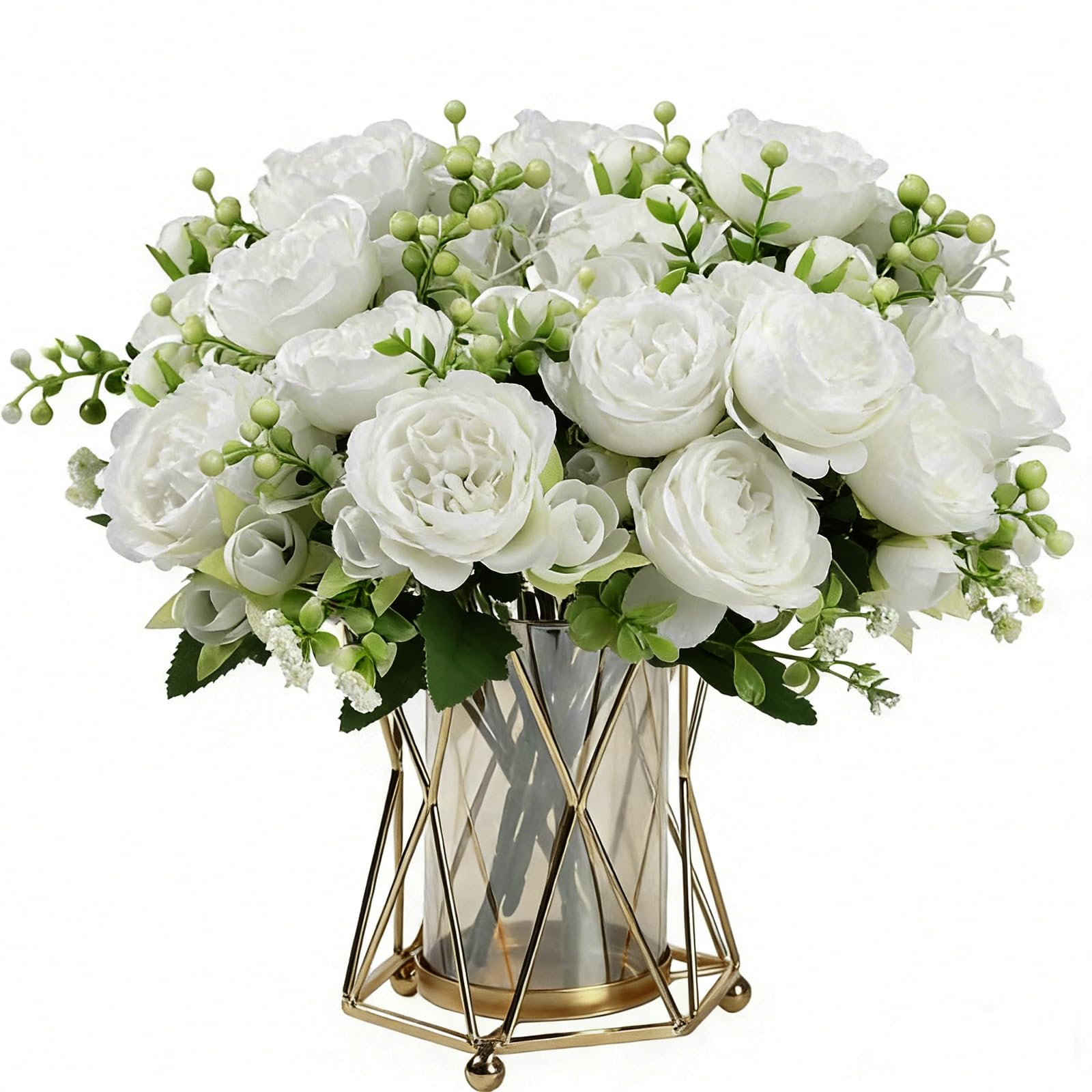 SJDOFU Peony Artificial Flowers, 4 Bunches Silk Peonies Bouquets White