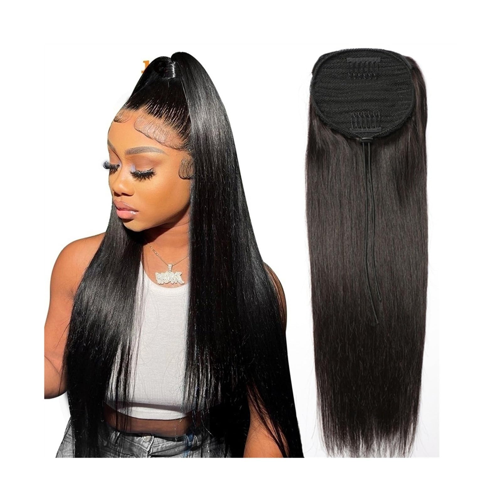 Pelo de cola de caballo Extensión de cola de caballo larga y recta, cabello humano Real con cordón, postizo de cola de caballo, Color Natural, Clip de pelo Remy en postizo de cola de caballo recta Ext