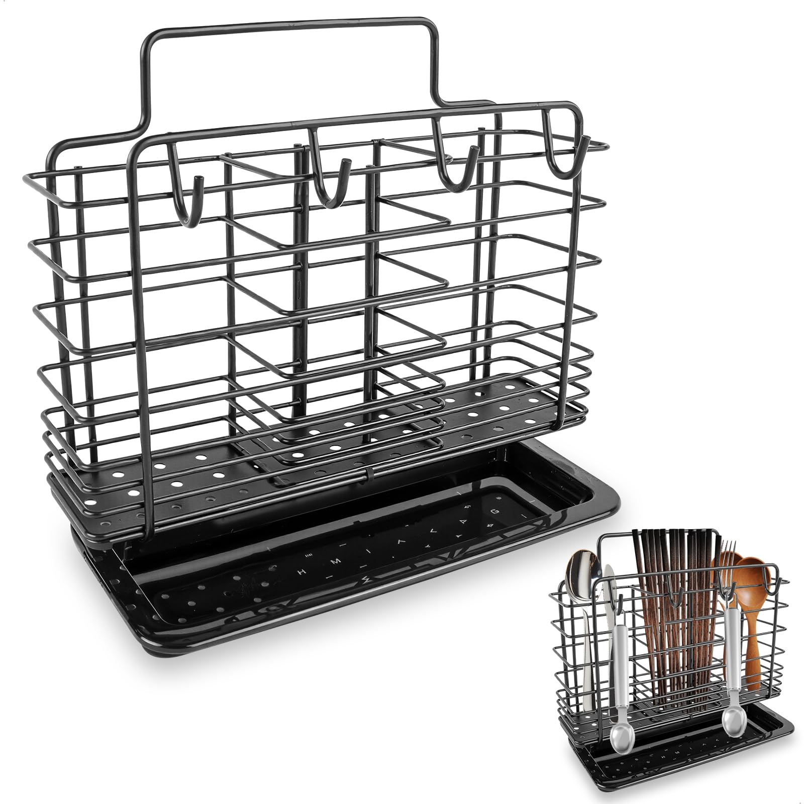 Porta utensili da cucina，Scolaposate in acciaio inox, 3 divisori per riporre le posate Installazione senza trapano, montaggio a parete, estraibile, con vaschetta di raccolta (nero)