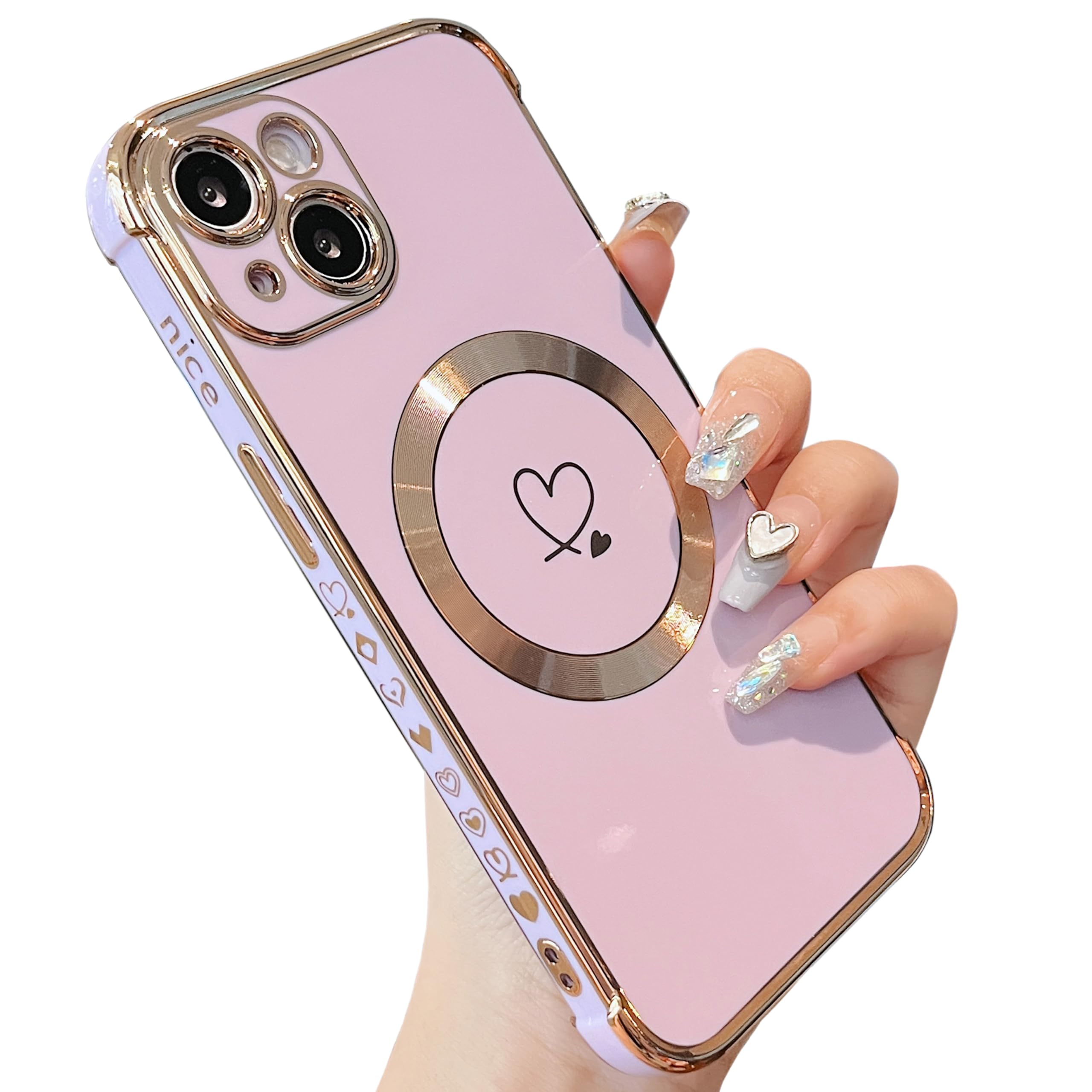 ZTOFERA Magnetic Case For IPhone 14 Pro Max, [Compatible With MagSafe] Luxury Fluorescent Iridescent Matte Silicone Case With Cute Love Heart Pattern Plated Rim Shockproof Cover, Iridescent Pink