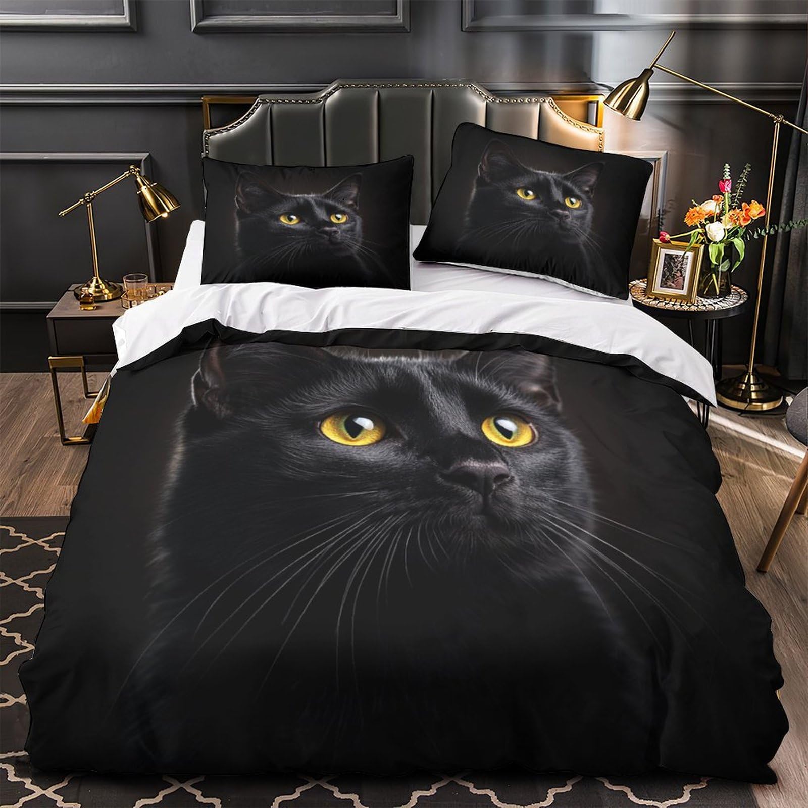 Parure de Couette Chat Noir 3D Hypoallergénique en Microfibre Respirante
