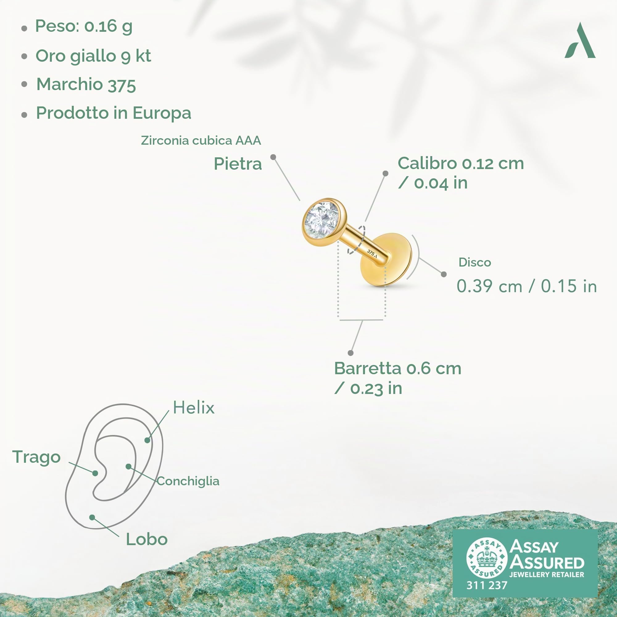 Amberta Piercing in Oro 9 Carati per Donna e Uomo | Helix e Trago 16G Spessore 1.2 mm