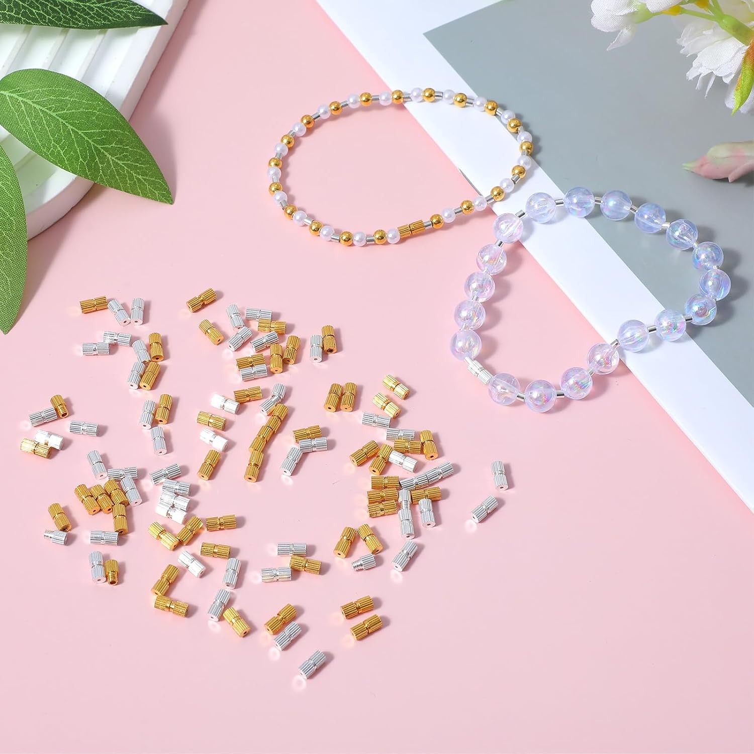 100 Pcs Barrel Screw Clasps Jewelry End Tip Caps Brass Barrel Tube Fastener Cord End Caps Waist Beads Craft Supplies for Christmas DIY Bead Necklace Bracelet Earring Jewelry Making - Image 3