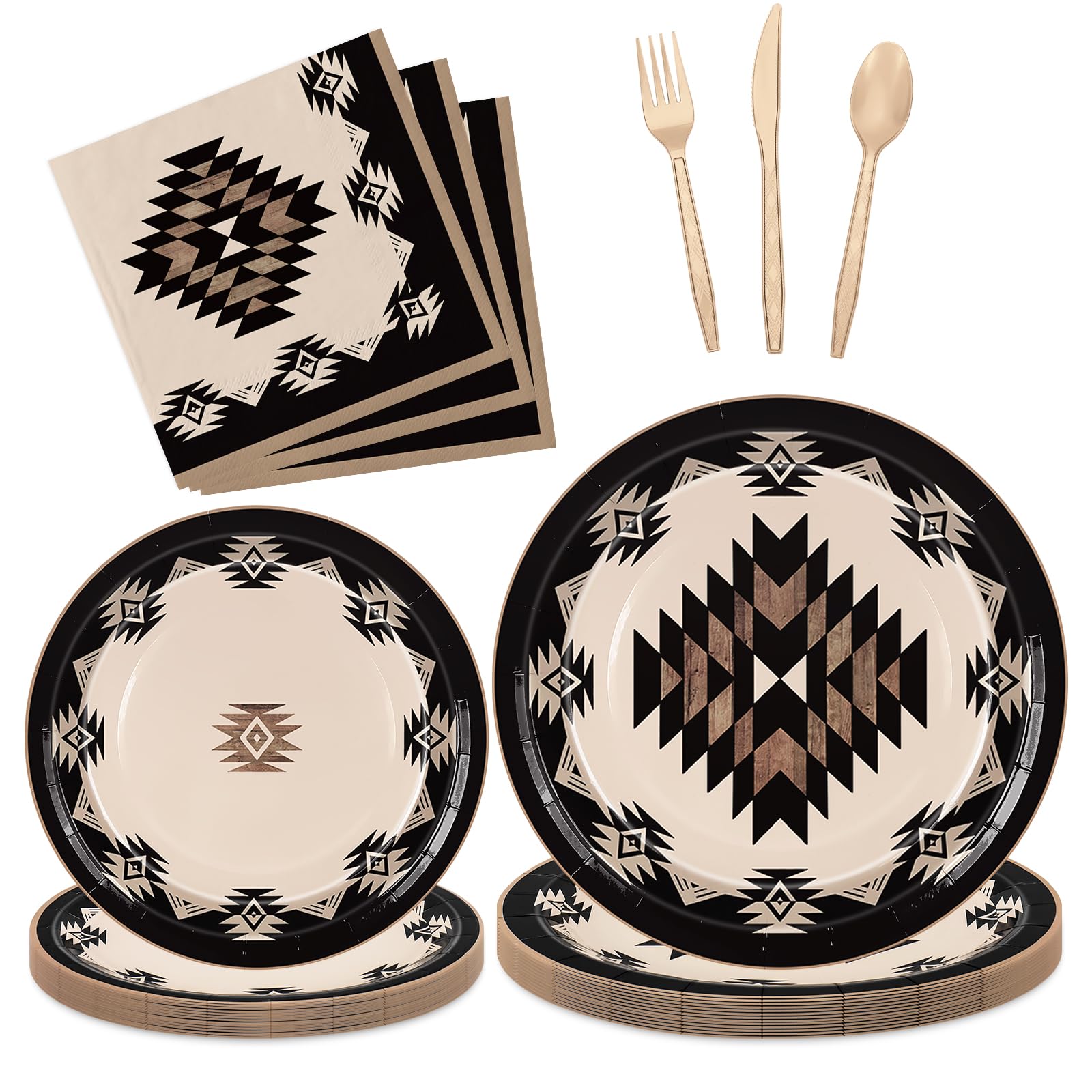 FYSUIMU 150Pcs Western Theme Tableware Set Simple Modern Aztec Disposable Dinnerware Disposable 7" 9" Plate Paper Napkin Plastic Knives Forks Spoons,