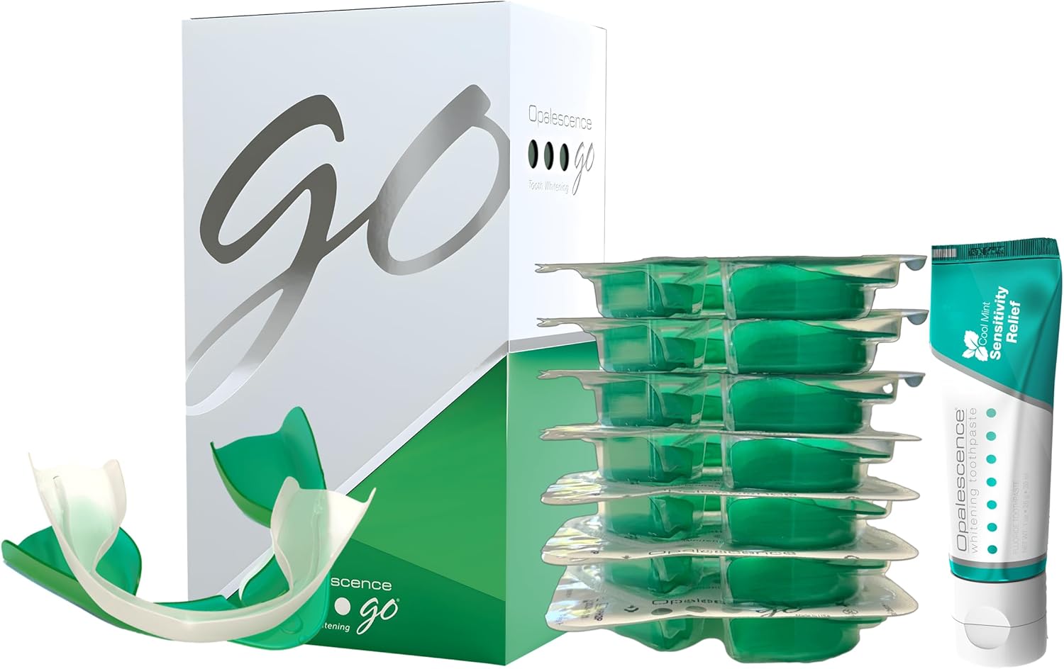 Opalescence GO 15% Mint Teeth Whitening Trays Bundle: 7 Prefilled Hydrogen Peroxide Treatments + Sensitivity Toothpaste