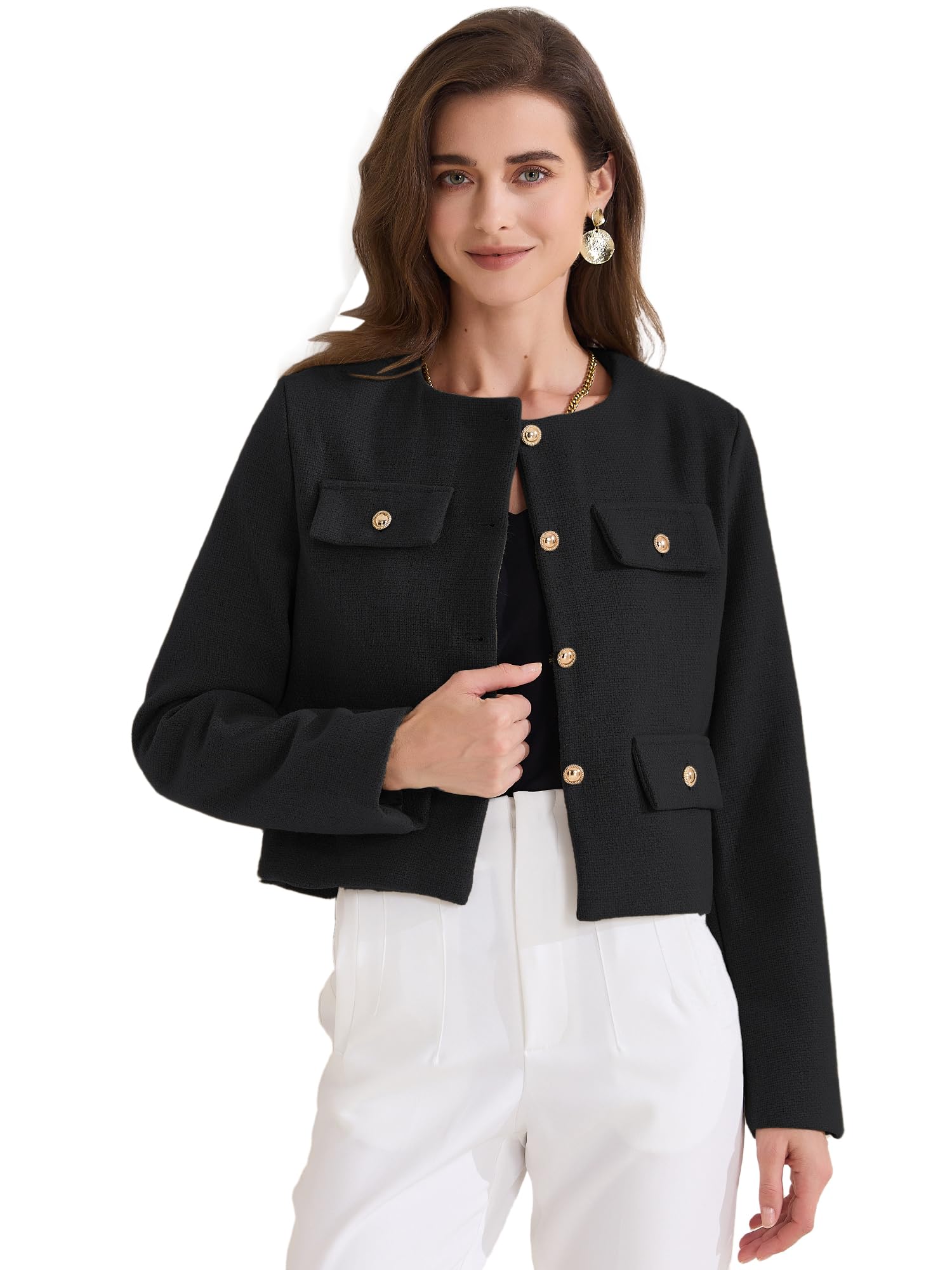 Allegra K Womens Cropped Blazer Jacket Long Sleeve Button Down Spring Fall Work Business Tweed Blazers
