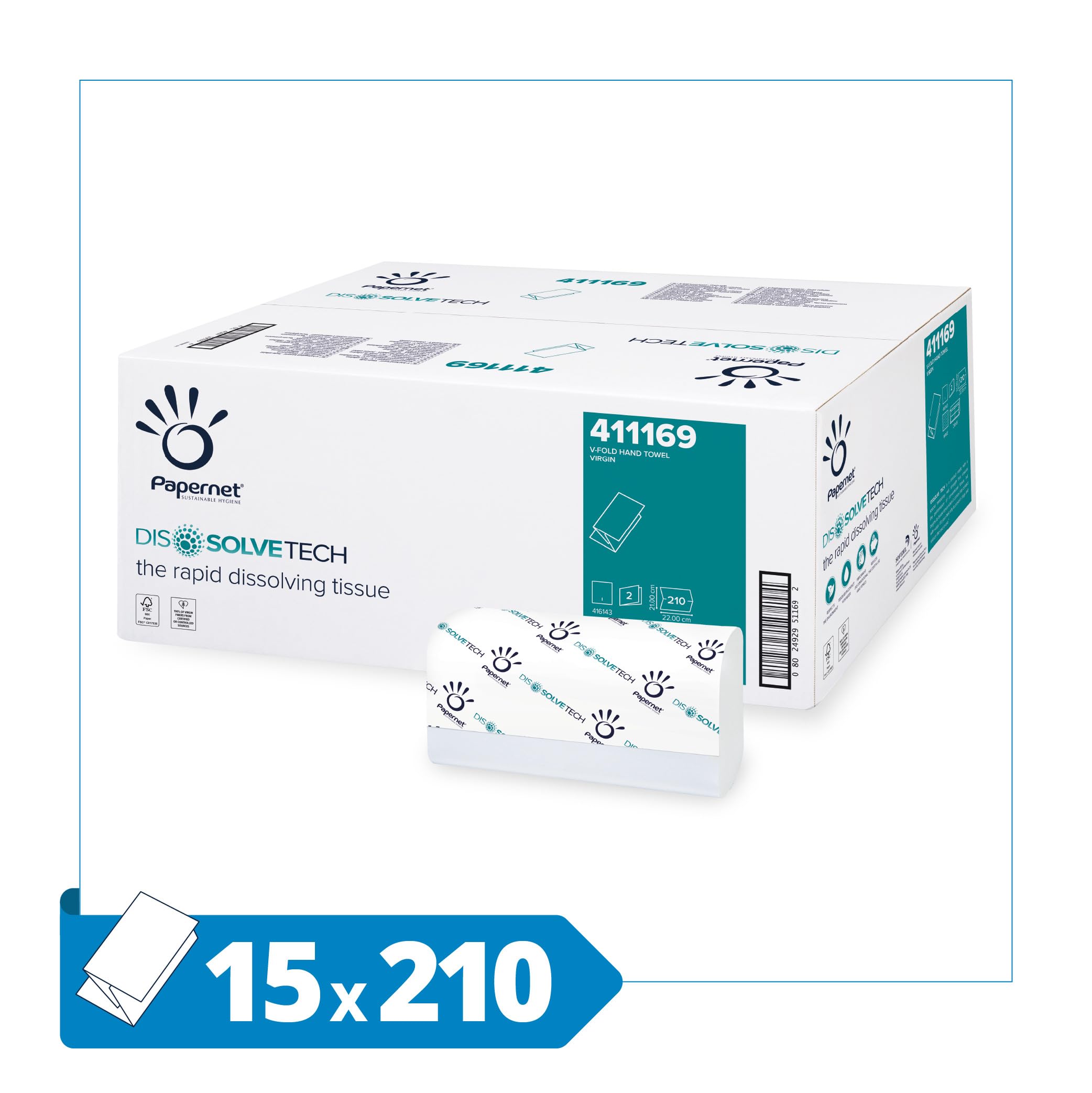 Papernet 411169 Toallas de mano Plegado V Dissolve Tech - Caja de 15 paquetes (Total toallas 3150) - ideal para lugares de alto trafico