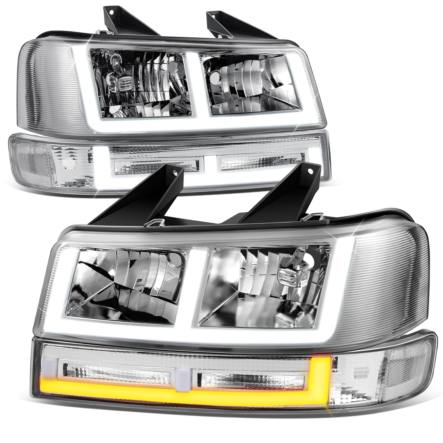 Auto Dynasty Headlights Assembly and Bumper Lamps Compatible with 2003-2024 Chevy Express GMC Savana 1500-4500, with Switchback E-LED DRL Running lights, Driver and Passenger Side, Chrome Housing