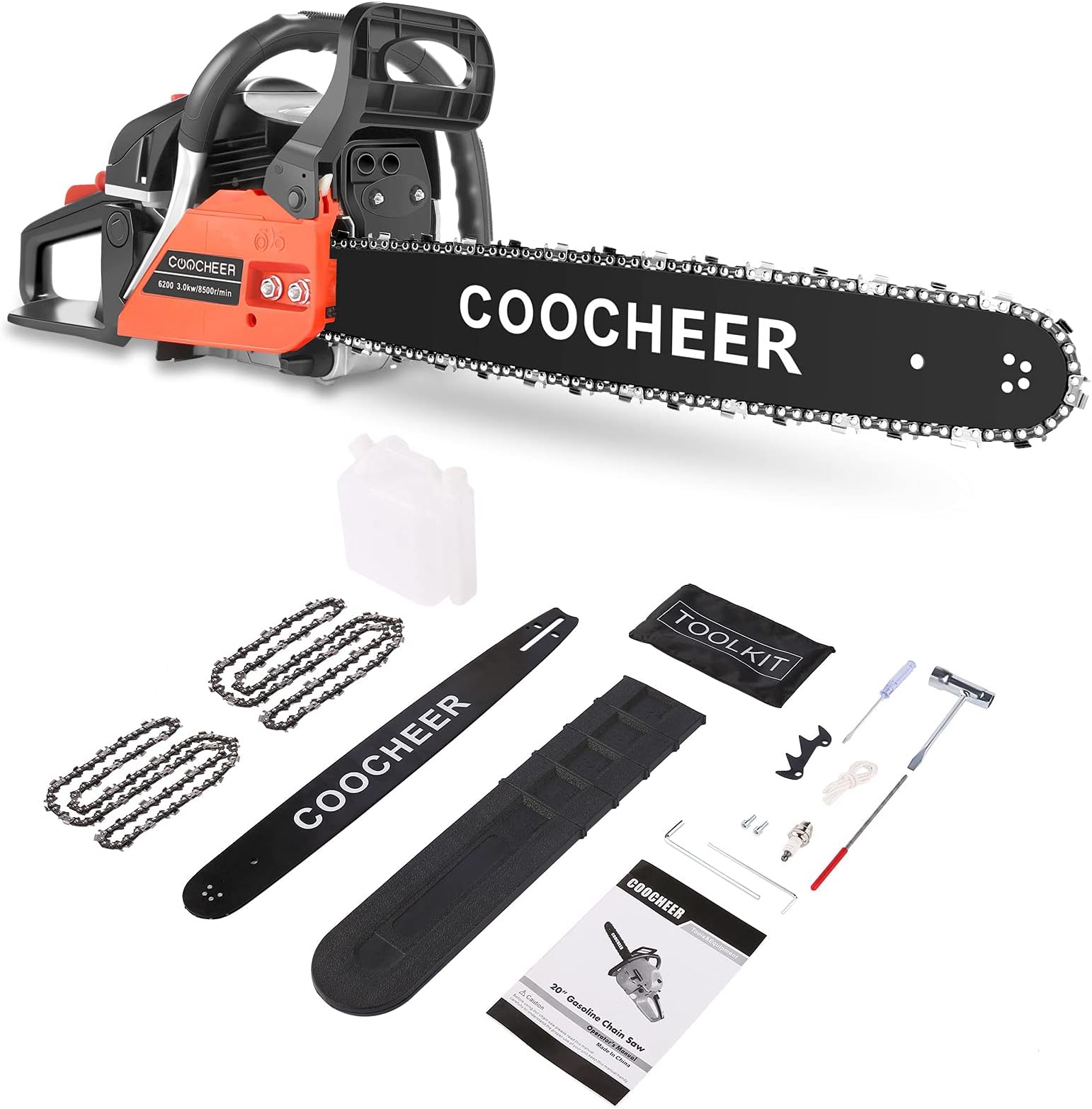 COOCHEER 62CC Gas Powered Chain saws, 20Inch 3.5HP 2-Stroke Gasoline Chain Saw