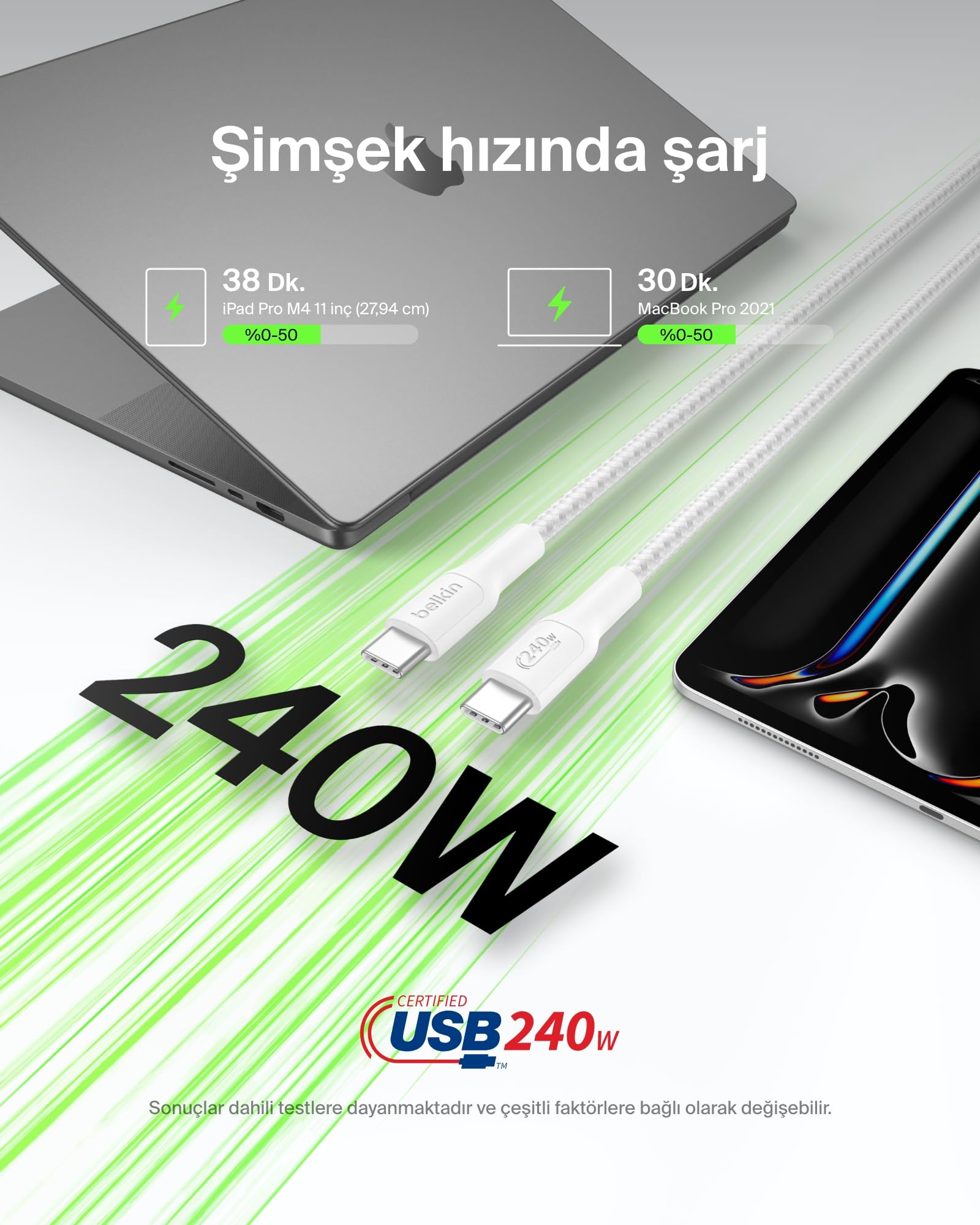 Belkin Eco Örgülü USB-C - USB-C Kablosu, 1 m, 240 W, Yumuşak, Esnek Hızlı Şarj Kablosu, iPhone 16, Galaxy S25, Pixel 9, MacBook, iPad Pro ve Daha Fazlası için Tip-C Şarj Kablosu - Beyaz (USB 2.0)
