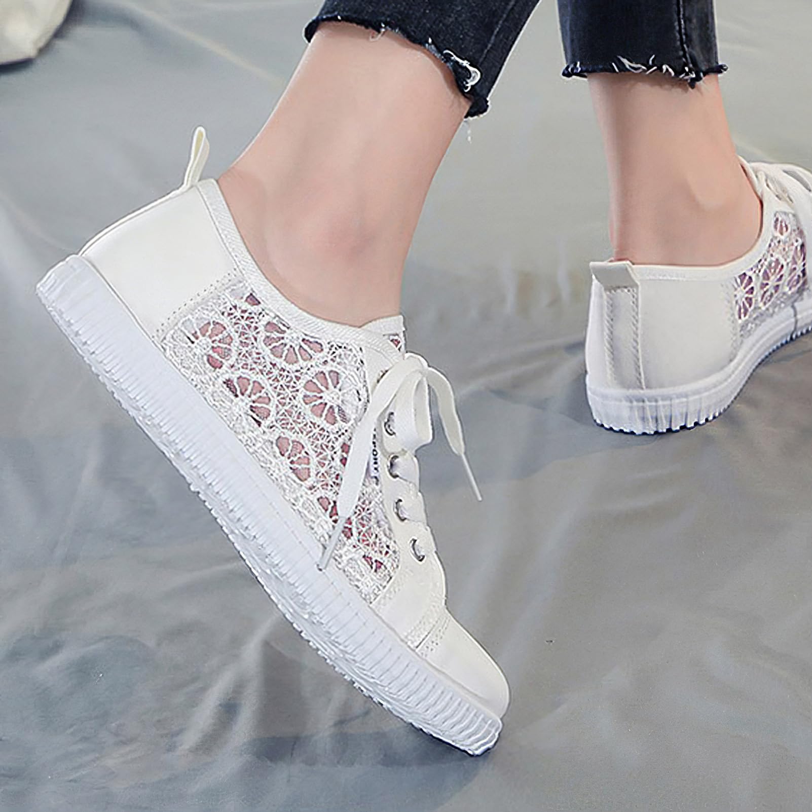 Femme Filles Été Broderie Dentelle Plimsolls Baskets à Lacets Maille Sneakers Chaussures