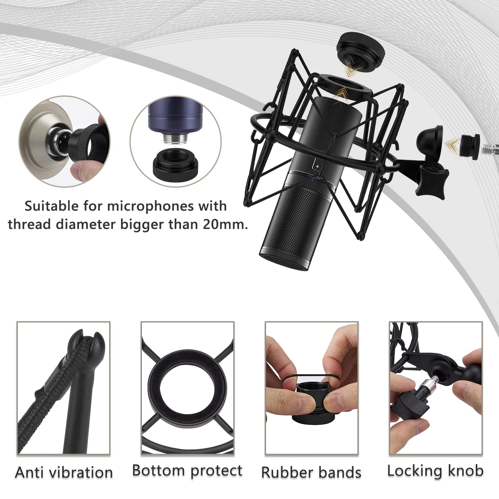 Geekria for Creators Support de Microphone Compatible avec TONOR Q9, TC20, TC40, TC-2030, Adaptateur de Suspension Anti-Vibration pour Micro, Pince de Support de Micro (Noir/métal)
