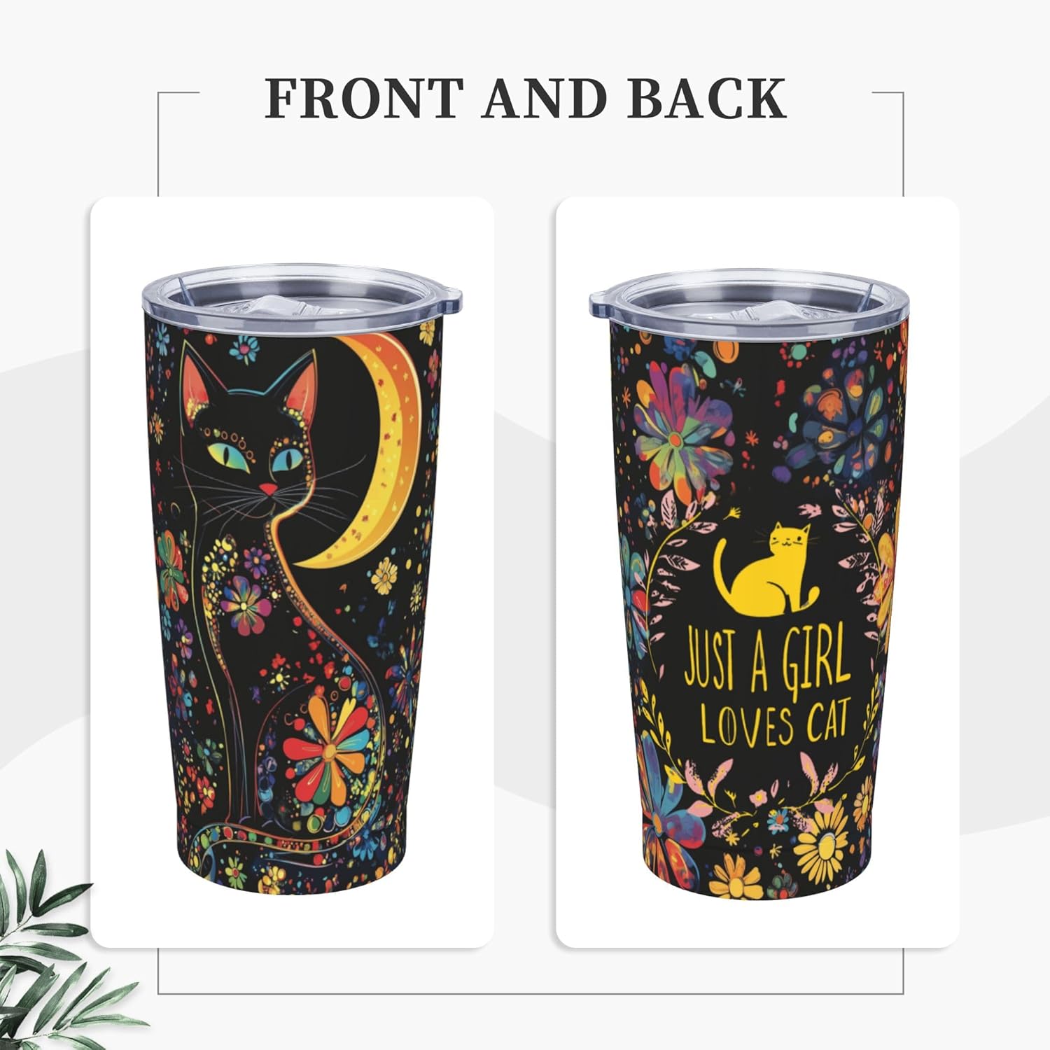 FyLybois Cat Tumbler with Lid and Straw 20oz Travel Coffee Mug Gifts Stainless Steel Vacuum Insulated Cup Double Wall Water Bottle for Office Car Home (Black) - Image 2