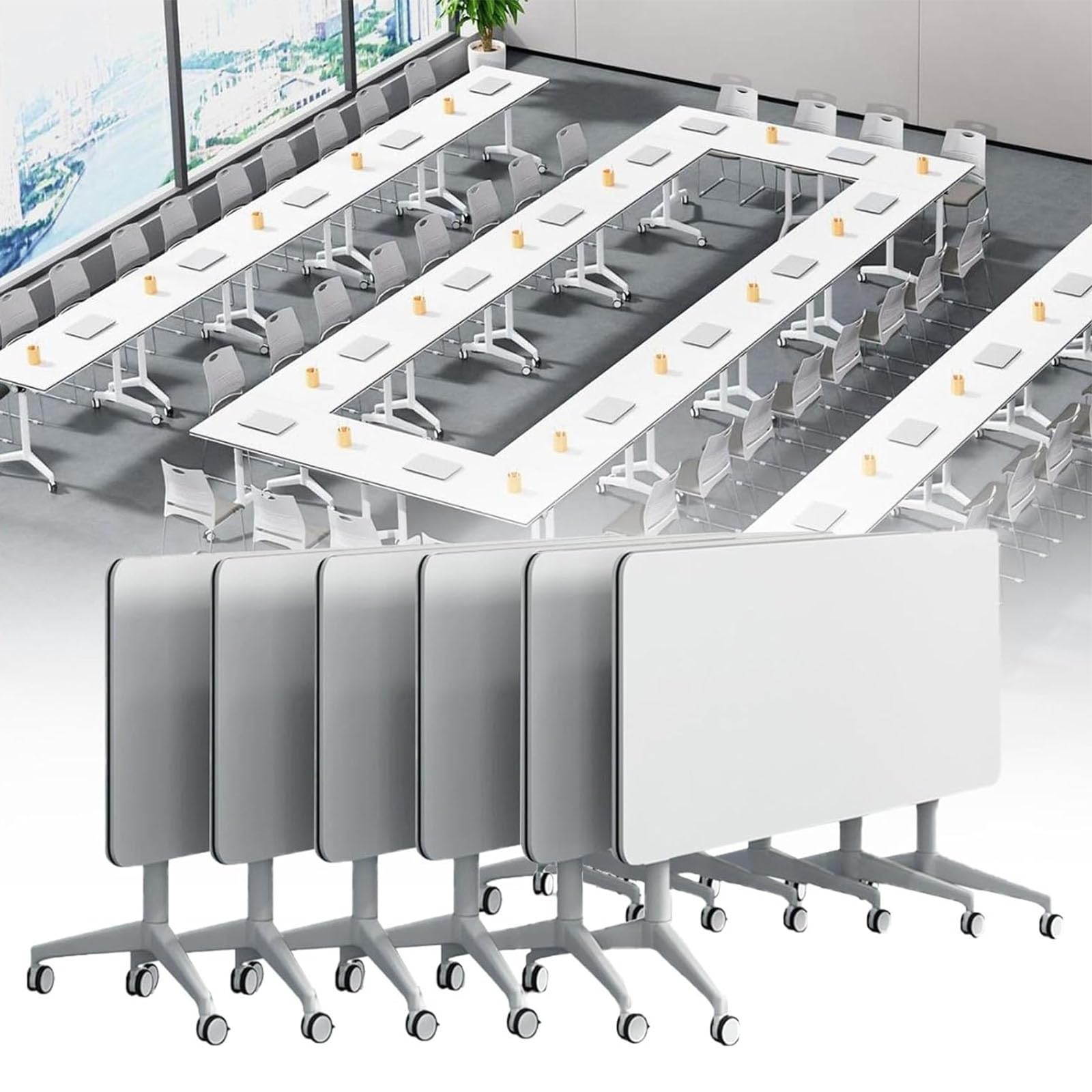 HTDRE Foldable Conference Table with Silent Wheels - Modern White Flip Top Mobile Training Table for Office Meetings Seminars & Workshops - Versatile Rectangle Design