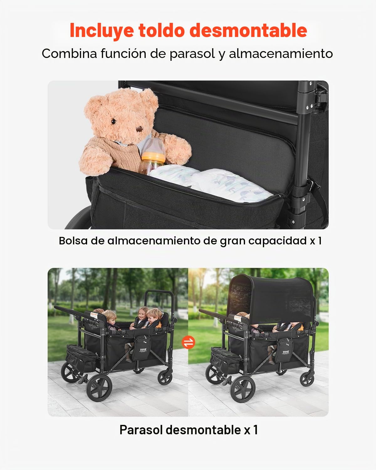 VEVOR Cochecito Plegable para 4 Niños, con Asa Ajustable, Arnés de Seguridad de 5 Puntos y Capota Extraíble, 4 Plazas, para Camping, Negro(Carga de 150 kg), Acero al Carbono, 1650 x 725 x 1250 mm