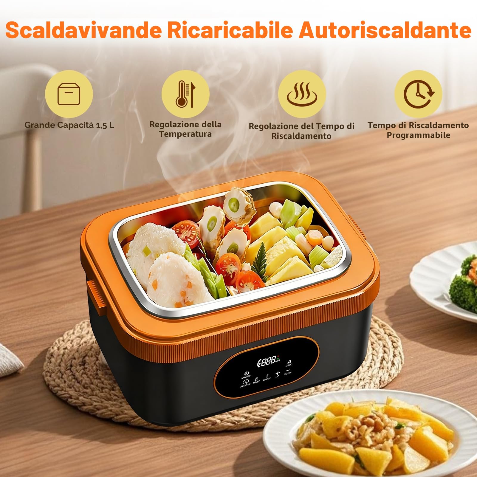 1.5L Upgrade Scaldavivande Elettrico Portatile, Ricaricabile Riscaldamento Automatico Porta Pranzo Termico per Interno ed Esterno Auto Camion e Ufficio Contenitore Termico Per Alimenti Caldi